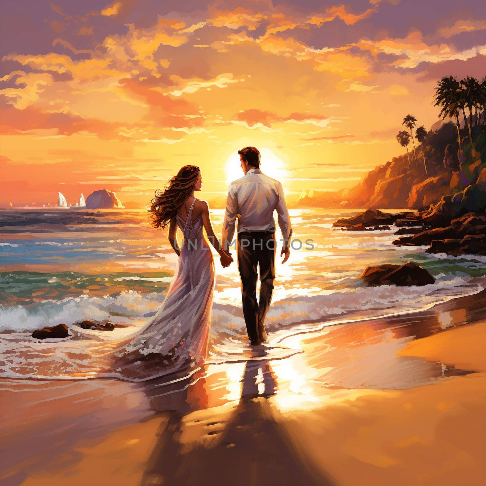 Immerse yourself in the captivating world of love, commitment, and adventure with this vibrant illustration titled 'Ocean of Promises: An Everlasting Vow Exchange'. This eye-catching artwork depicts a unique vow exchange set against the backdrop of a magnificent ocean, creating a truly magical moment. Picture a couple standing on a secluded beach, surrounded by crashing waves, golden sands, and a breathtaking sunset painting the sky with vibrant hues. The couple, adorned in elegant attire, radiates both joy and serenity as they exchange heartfelt promises. You'll be enthralled by enchanting mermaids swimming nearby and beautiful seashells scattered around, further enhancing the enchanting atmosphere of this scene. This artwork is designed to evoke feelings of romance, destiny, and eternal love, making it perfect for a diverse audience seeking captivating visuals for wedding invitations, marriage blogs, or even anniversary festivities.