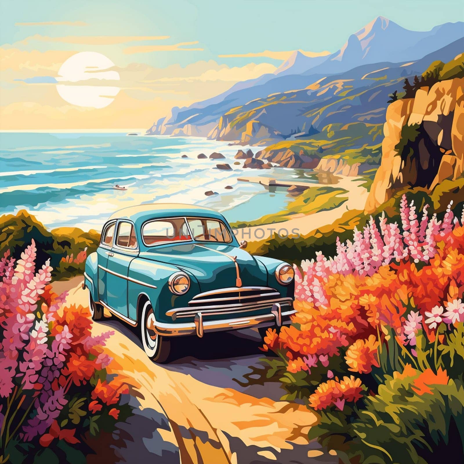 Vintage car adorned with colorful flower decals, driving down a sunlit coastal road by Sahin