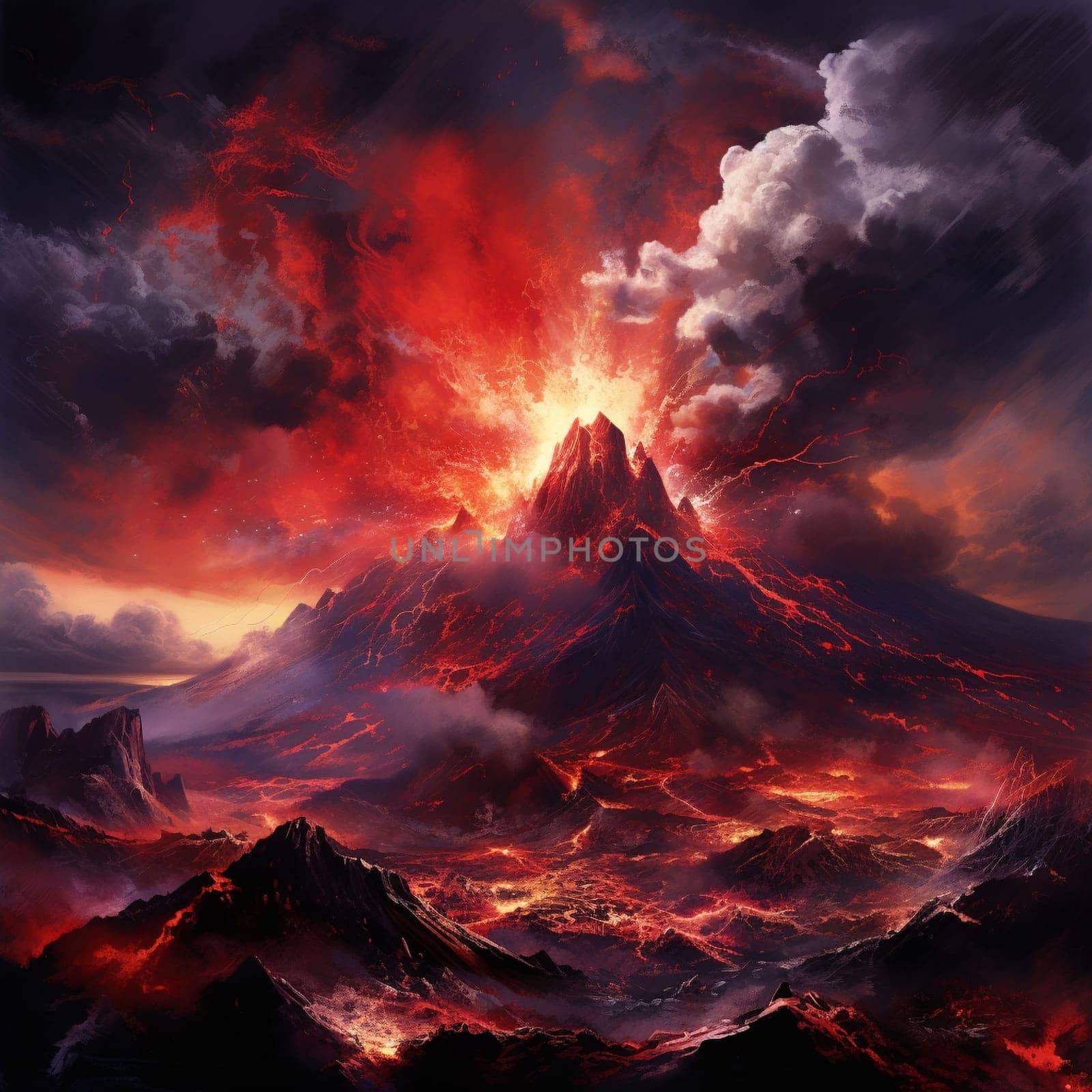 Behold the raw power and intensity of nature's fury in this visually captivating artwork titled 'Scorching Tempest'. This dynamic piece showcases a volcanic eruption with vibrant colors and bold brush strokes, creating a visually stunning depiction of the cataclysmic event. Lava spews from the volcano, engulfing the scene in fiery hues, while billowing clouds of smoke create an ominous atmosphere. In the foreground, glowing embers flicker and float, adding to the sense of danger and awe. The backdrop features a silhouetted landscape, accentuating the scale and magnitude of the eruption. Frightened onlookers can be seen in the distance, their tiny figures serving as a reminder of the immense power of nature. The composition is carefully balanced, drawing the viewer's attention and inviting them to pause and marvel at this breathtaking display of nature's might.