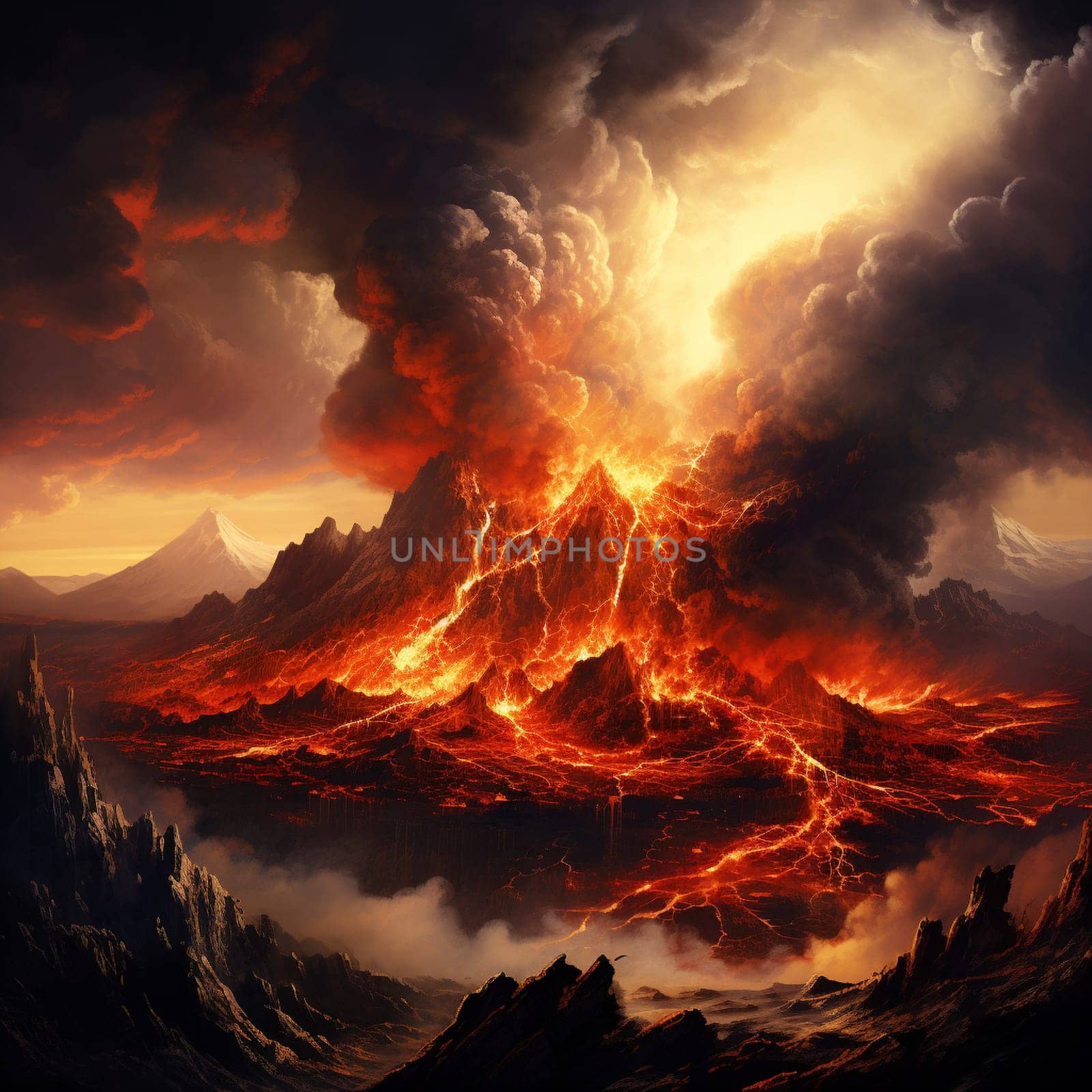 Witness the destructive power and mesmerizing beauty of a volcanic eruption in this semi-realistic image reminiscent of traditional oil paintings. As dusk sets in, a massive volcanic mountain dominates the scene, shrouded in billowing smoke and ash. Molten lava surges from the crater, cascading down the slopes and converging into a nearby body of water, creating a fiery spectacle of swirling red and orange hues. The surrounding landscape is bathed in an ethereal light as the eruption engulfs the horizon. In the foreground, a group of onlookers stands at a safe distance, captivated by the terrifying and awe-inspiring forces of nature.
