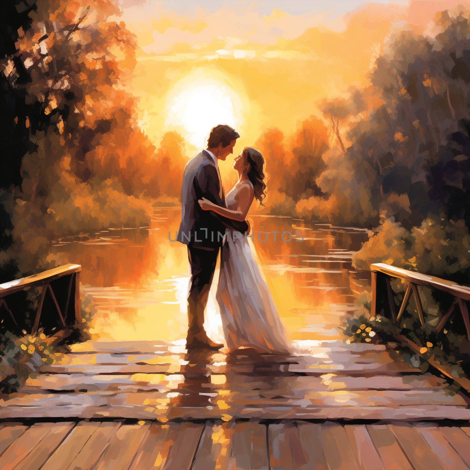 Experience a heartwarming moment as two individuals stand on a rustic bridge at sunset, exchanging heartfelt vows that will bind them together for eternity. The bridge is adorned with blooming flowers and lush greenery, illuminated by rays of golden sunlight, creating a mesmerizing and peaceful ambiance. This image captures the beauty of love, commitment, and the beginning of a lifelong journey. It evokes emotions and inspires viewers seeking images related to vows, romance, and everlasting love. The vibrant colors, soft brushstrokes, and touch of dreaminess in the art style make this image captivating and sought-after on microstock sites.