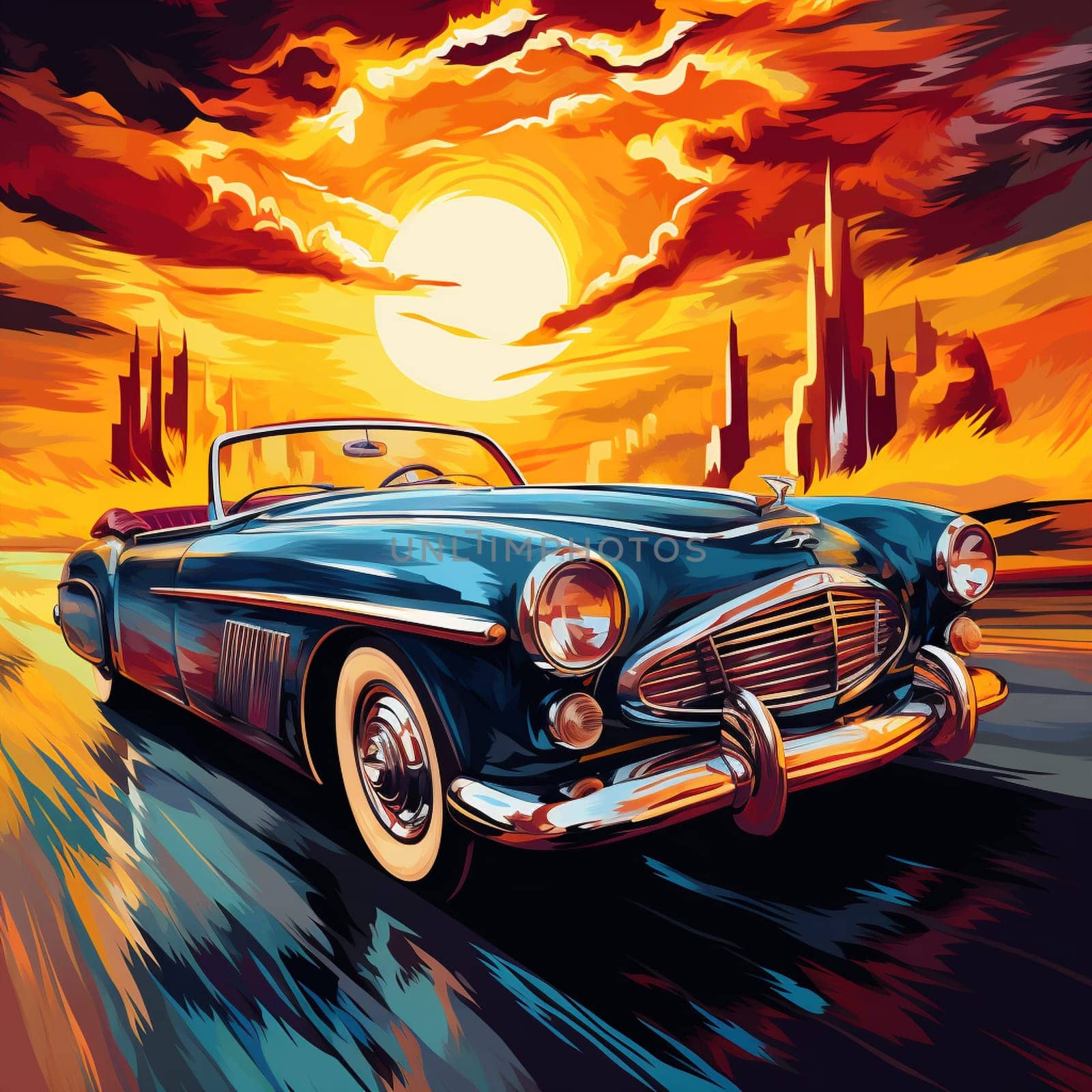 Step back in time with this stunning vintage car captured in a vibrant, retro art style. The artwork beautifully showcases the timeless beauty and allure of this iconic vehicle, creating a symphony of steel that resonates with automotive enthusiasts and art lovers alike.