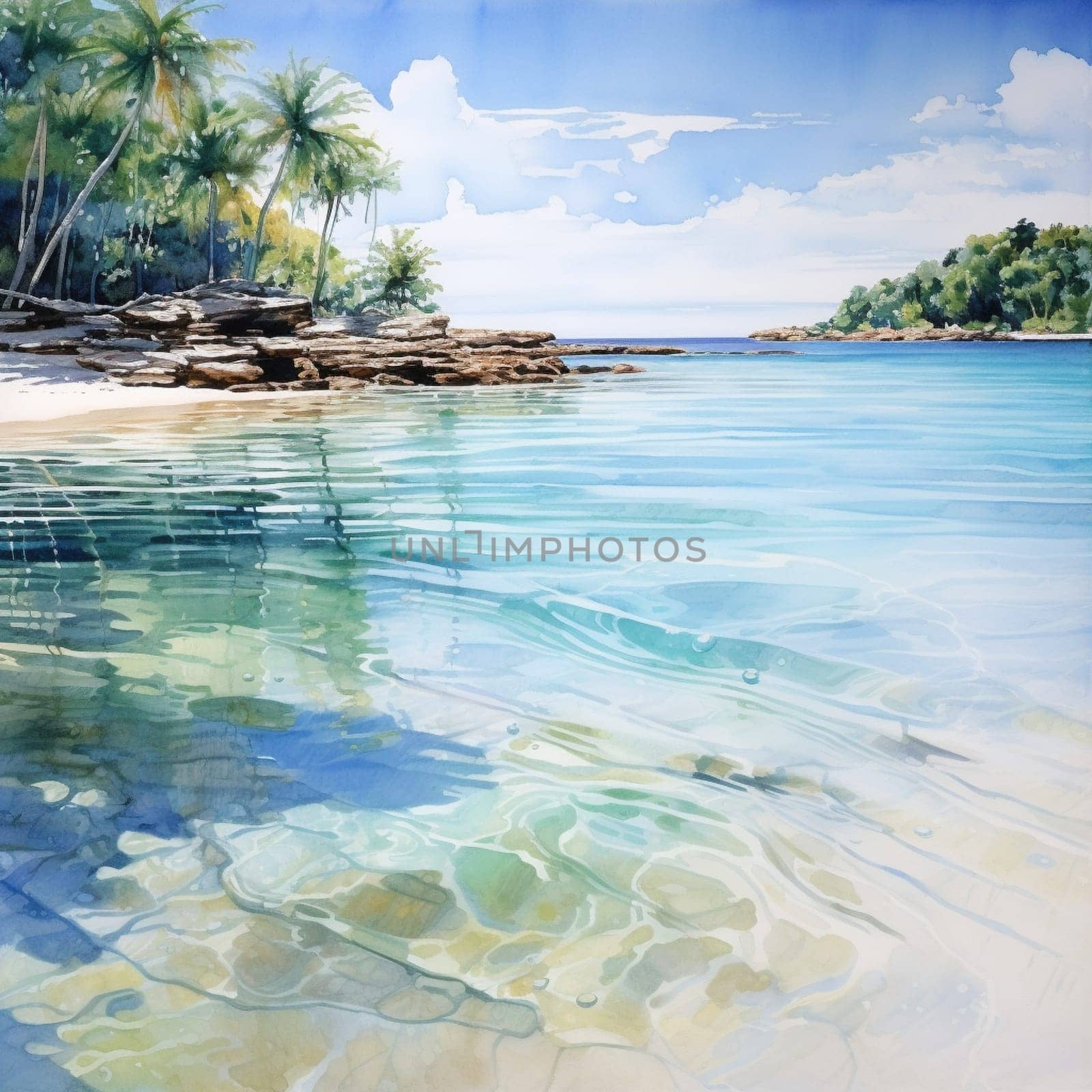 Imagine a tranquil ocean scene, presenting the peaceful symphony of water gently kissing the silky shores. In this image, the sunlight paints a magical canvas, casting a soft glow upon the crystal clear waters. The whispering ripples reflect a sense of calmness, inviting viewers to immerse themselves in the serenity of this idyllic coastal haven. Let your artistic vision bring forth the beauty and tranquility of a hidden paradise, capturing the essence of how water gracefully embraces the sandy shores.