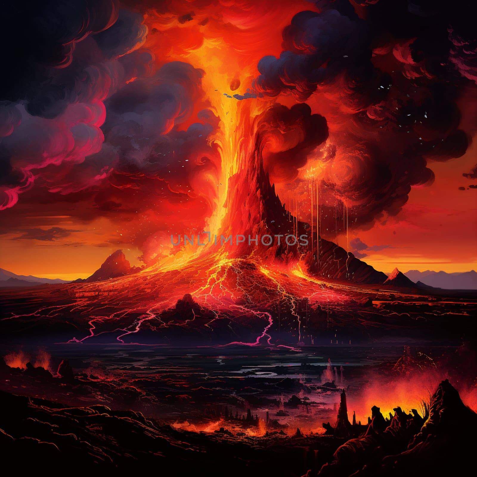 Prepare to be mesmerized by this surreal volcanic eruption at dusk. This captivating image showcases a massive volcano, erupting with fiery intensity against the night sky. The vibrant colors and otherworldly art style create a sense of awe and wonder, as molten lava cascades down the volcano's slopes, illuminating the surrounding landscape with an eerie glow. The towering plume of smoke and ash adds a touch of danger and intensity to the scene, while flying debris and a cloud filled with fiery sparks further enhance the surreal atmosphere. This image beautifully combines elements of realism and fantasy, capturing the overwhelming force and sheer beauty of nature's rage. Brace yourself for an emotional journey, as this mesmerizing artwork evokes a thrilling sense of wonder and a slight hint of dread.