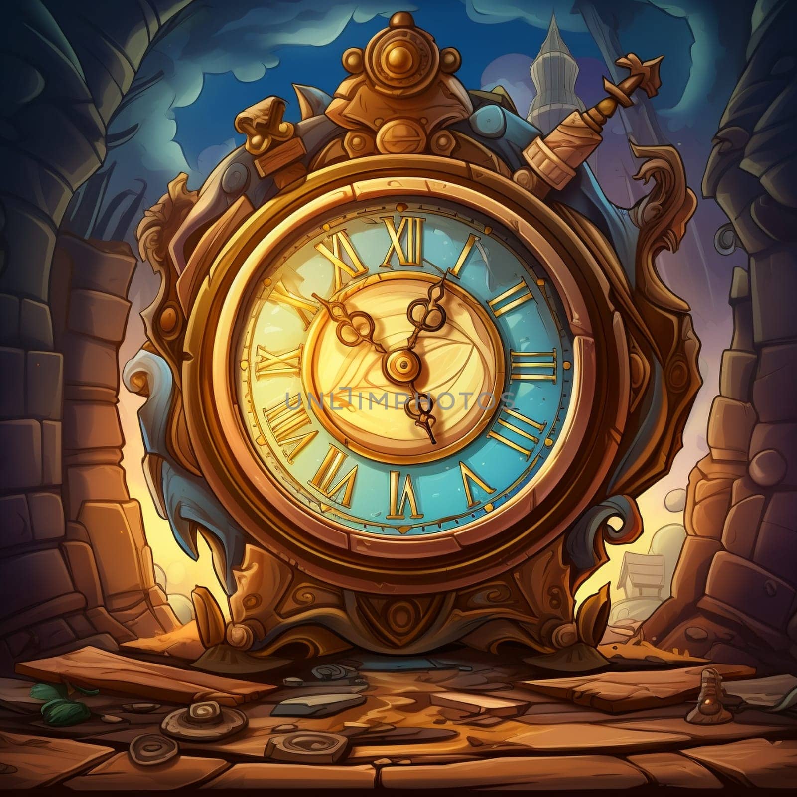 Step into a magical world where vintage clocks come to life in this whimsical illustration. Each clock has its own unique personality and story to tell, from a clock tower detective solving mysterious cases, to a pocket watch exploring hidden realms, or a grandfather clock orchestrating a magical symphony. The scene is filled with delightful details like intricate clockwork mechanisms, aged patina, and a touch of fantasy. Let the Tick Tock Tales of Vintage Clocks unfold before your eyes!