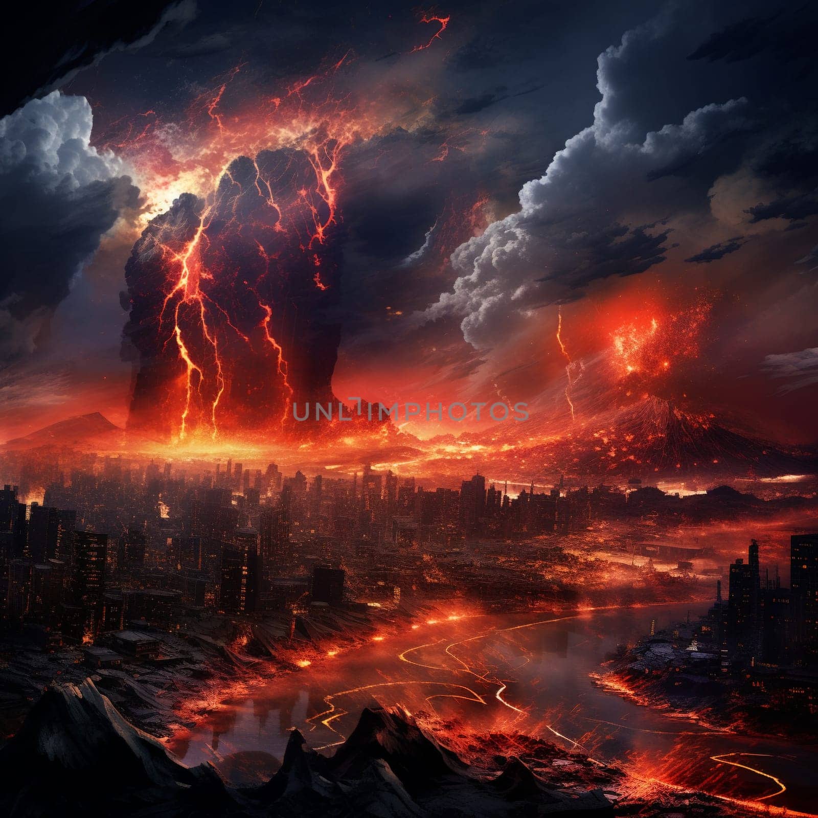 Experience the awe-inspiring sight of a surreal volcanic eruption engulfing a futuristic cityscape in the image titled 'Blazing Torrent.' The vibrant eruption illuminates the night with its fiery glow, casting a mesmerizing spectacle for the beholder. Watch as a cascading torrent of lava pours forth with incredible force and heightened intensity, contrasting against the glittering lights of the urban skyline. The dynamic scene is further accentuated by billowing clouds of ash and smoke, capturing the raw power and beauty of this volcanic phenomenon.