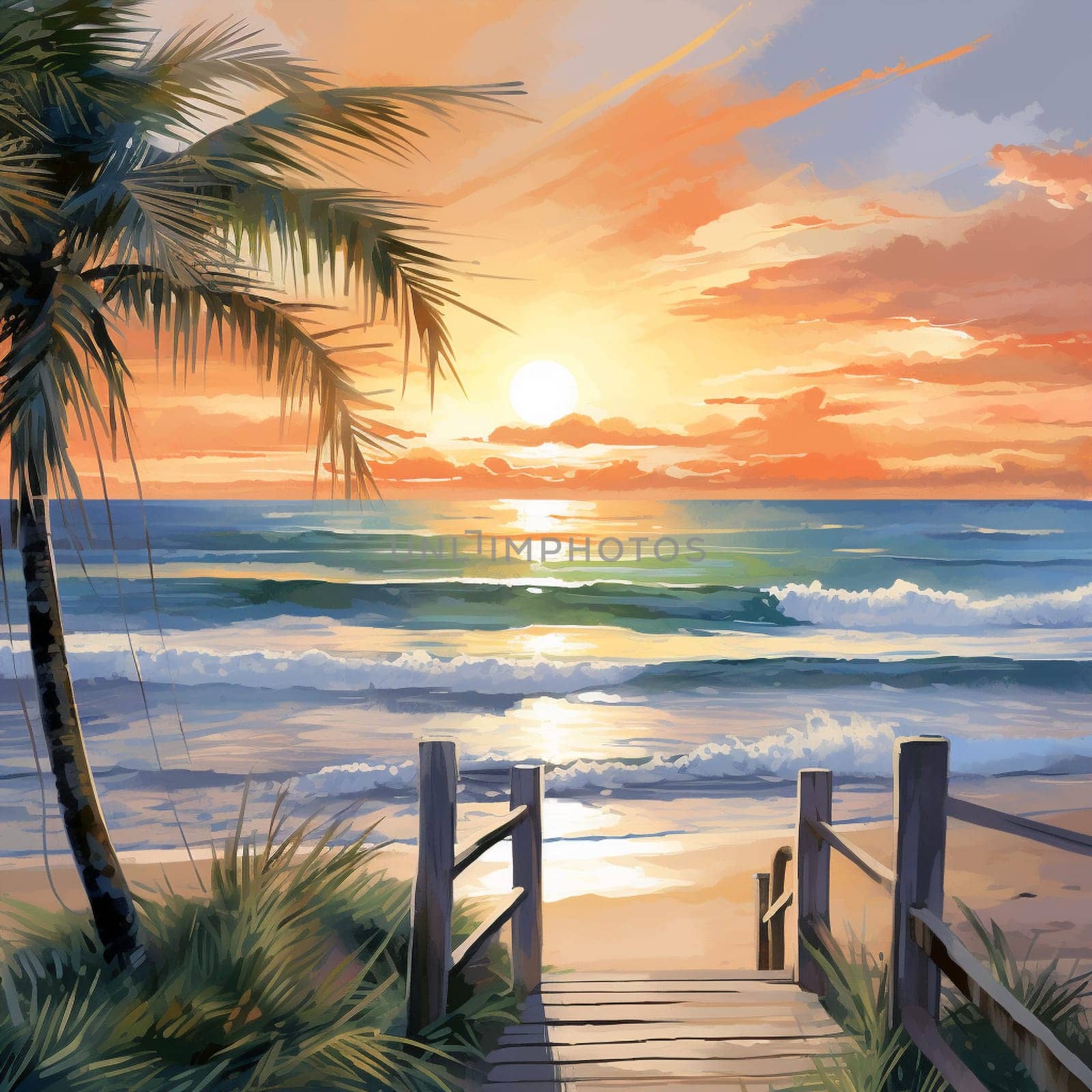 Immerse yourself in the serene beauty of nature with this traditional watercolor painting. 'Azure Reflections' captures the essence of a coastal scene at sunset, where the ocean mirrors the breathtaking colors of the sky. The calm waves rhythmically lap against the shore, creating a soothing atmosphere. A picturesque beach with soft, golden sands is surrounded by lush green foliage and tall palm trees, inviting you to unwind and relax. In the distance, a small wooden dock extends into the water, emphasizing the tranquil environment. The sky is adorned with warm hues of orange, pink, and purple as the sun gracefully sets below the horizon, casting a shimmering reflection on the water's surface. A few seagulls soar above, completing the peaceful ambiance of this scene.