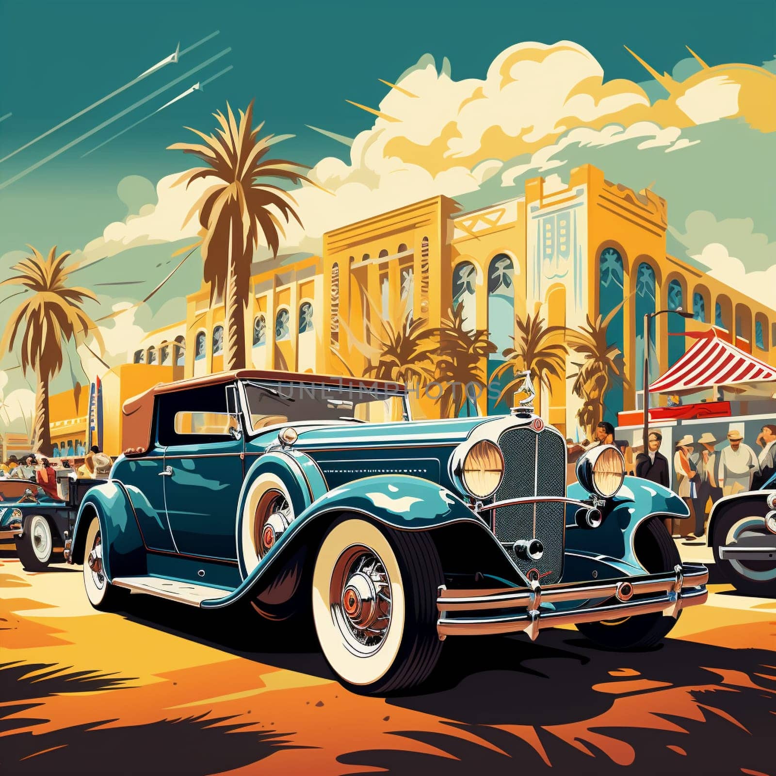 Get ready to step back in time with this artwork inspired by the title 'Driving Into History: Vintage Car Exhibition'. In a retro illustration style, this vibrant artwork transports you to an outdoor setting filled with a line-up of unique vintage cars from various eras. Each car showcases its distinctive design, capturing the timeless beauty and craftsmanship of these classic automobiles. The atmosphere is vibrant and filled with excitement as visitors admire the elegance, glamour, and innovation of vintage cars. Get ready to immerse yourself in nostalgia and experience the allure of a bygone era.