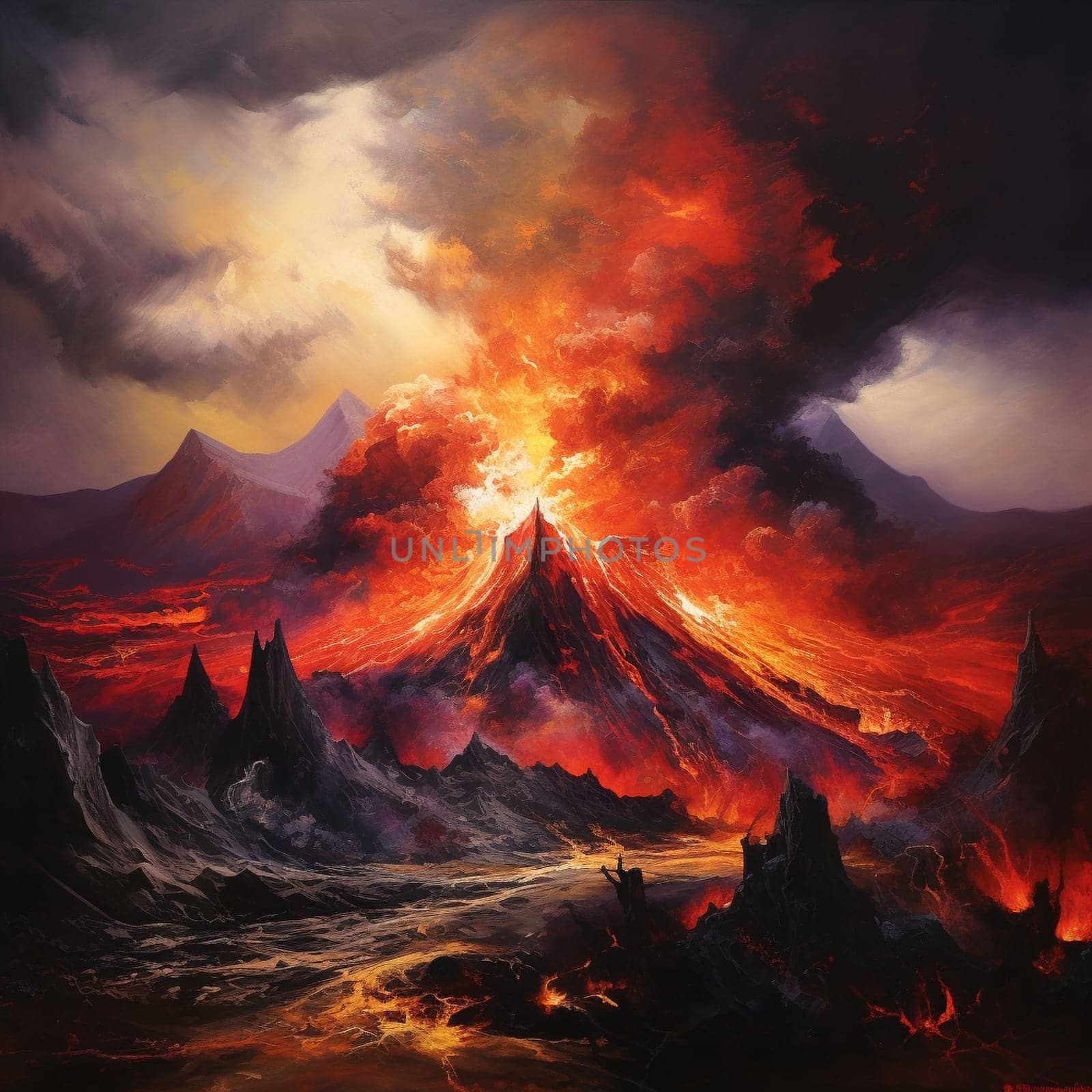 Witness the fierce and captivating natural phenomenon in this vibrant and dramatic artistic depiction of a volcanic eruption. The artwork showcases the raw power of nature's fury as a surge of molten lava erupts from the volcano, engulfing the landscape in a torrent of fiery chaos. The billowing smoke and glowing ash create a mesmerizing spectacle against the contrasting backdrop of a darkened sky, illuminated by streaks of fire and ash clouds. This image captures the intense beauty and adrenaline-inducing moment of a volcanic eruption, evoking a sense of awe and wonder. The dynamic motion, vibrant color palette, and hint of danger make this artwork a powerful and attention-grabbing piece that will captivate viewers and inspire a range of emotions.