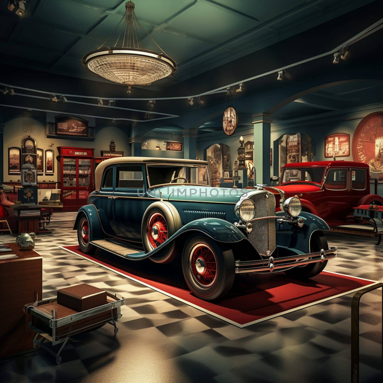 Step back in time with this beautifully restored vintage car showroom, illuminated with dim ambient light. The nostalgic scene captures a collection of vintage cars from different eras, each exuding its unique charm and character. Visitors, dressed in retro attire, admire the cars with awe, evoking a sense of nostalgia and appreciation for classic automobiles. This visually captivating artwork showcases the intricate details of the cars' design and captures the essence of a bygone era, inviting viewers to reminisce and marvel at the beauty of these timeless machines. Perfect for microstock sites and vintage art enthusiasts.