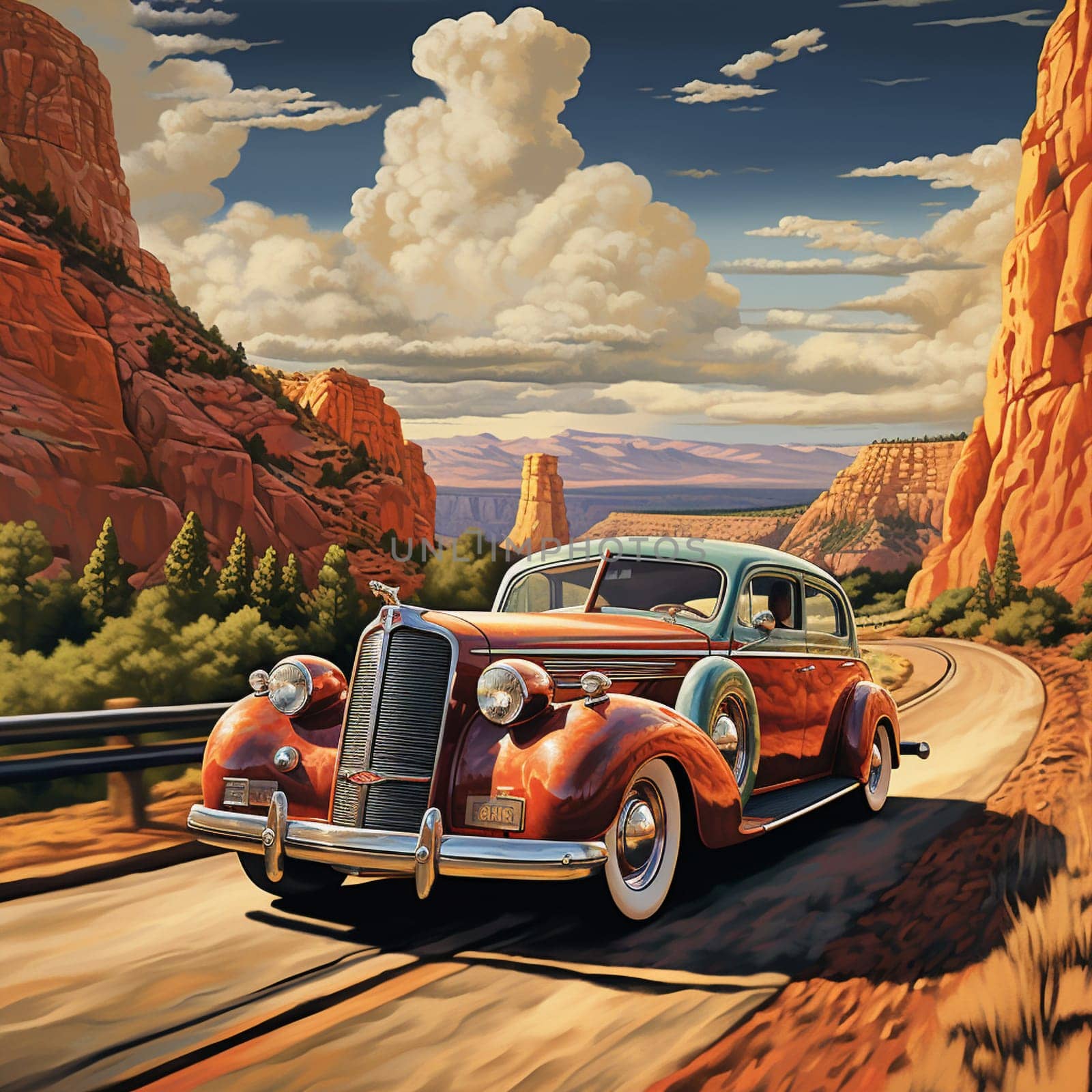 Take a trip down memory lane with this captivating artwork, Vintage in Motion: A Classic Car's Journey. Explore the beauty and nostalgia of vintage cars as they cruise through scenic landscapes, capturing the essence of a bygone era. This dreamy artwork is perfect for those seeking a touch of vintage charm and a sense of adventure.