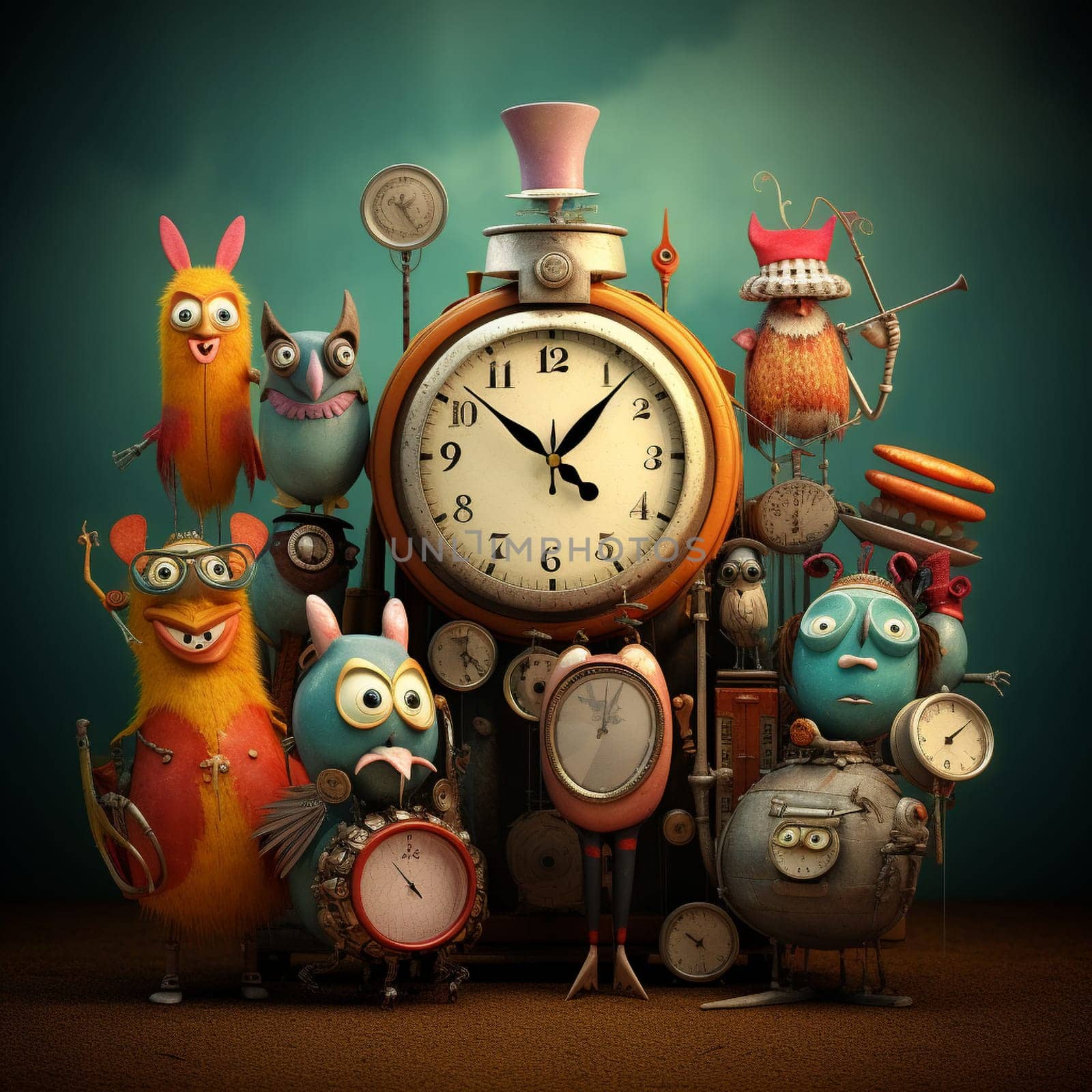 Step into the enchanting world of a whimsical vintage clock orchestra! Each clock in this captivating image is a unique instrument playing captivating beats. These clocks have their own personalities and styles, with intricate details and vibrant colors. They come to life with anthropomorphic qualities, featuring expressive faces, arms, and legs that enhance the sense of playfulness. The clocks are placed in a whimsical setting, such as a music hall or a forest clearing, surrounded by an enchanted audience of diverse creatures, including animals, mythical creatures, and abstract beings. The image showcases a retro aesthetic with warm, nostalgic tones, delicate textures, and artistic flourishes that evoke a sense of timeless charm.