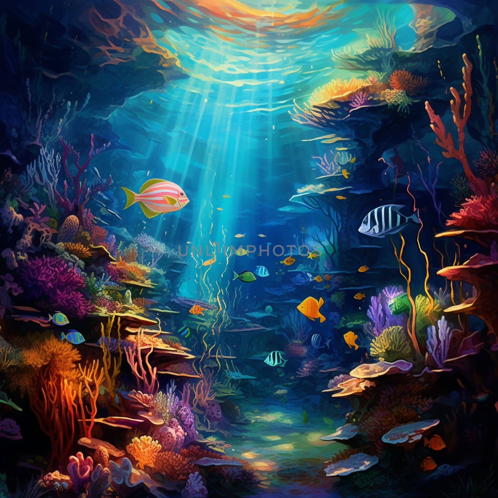 Embark on a mesmerizing visual journey into the enigmatic fathoms of the ocean with this surreal representation in an impressionist art style. The image captures the awe-inspiring beauty of underwater life, featuring vibrant colors and ethereal lighting that transport viewers to tropical coral reefs, where exotic sea creatures dwell amidst mysterious underwater caves. Encapsulating the untamed mysteries that lie beneath the ocean's surface, this artwork evokes a sense of wonder and curiosity, leaving viewers captivated by the unknown wonders of the deep sea.