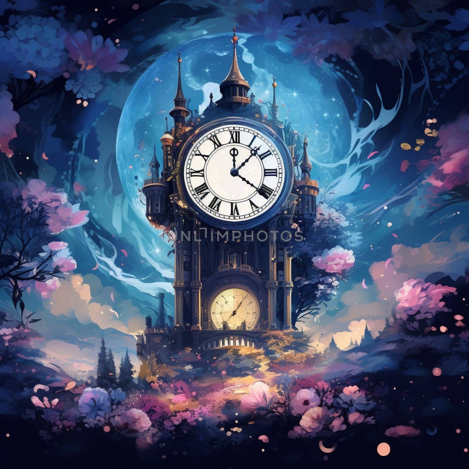 Step into a world of opulence and grandeur with this 1980s-inspired digital illustration. Immerse yourself in a lavish scene featuring a majestic Victorian-style clock tower surrounded by a sprawling garden. The tower, reminiscent of a bygone era, stands tall and proud, capturing the essence of an extravagant time. The hands of the clock point to a significant moment, frozen in time for eternity. With its intricate details and unique designs, each vintage clock adds to the allure of the composition. The vibrant and rich colors transport you back to a golden era, evoking a sense of nostalgia, fascination, and awe. This captivating artwork is a perfect fit for microstock sites searching for remarkable vintage-themed illustrations.