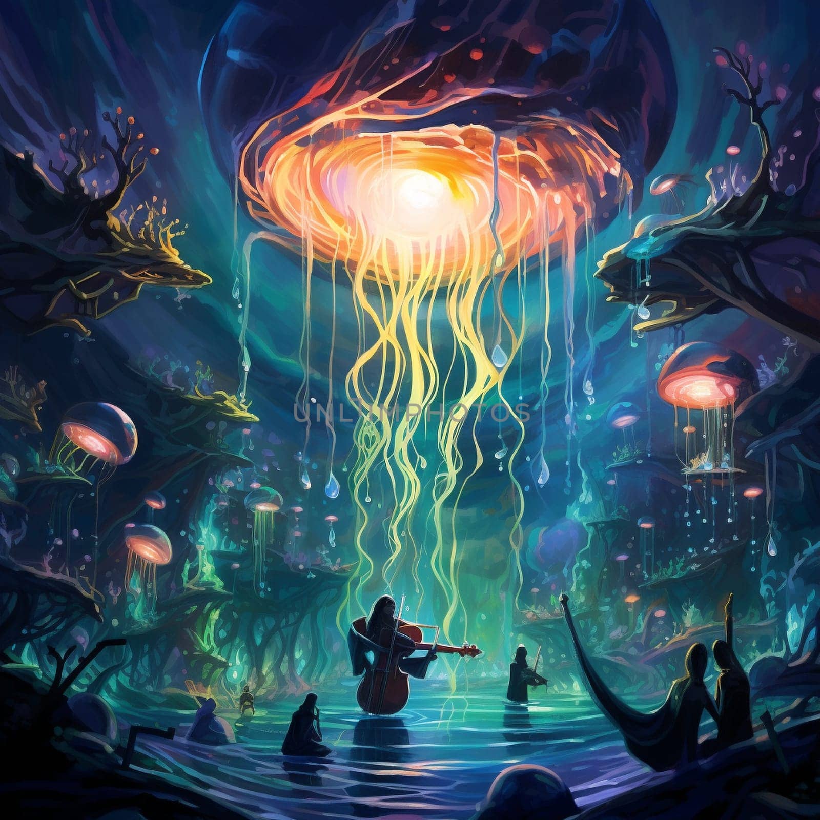 The Abyssal Symphony: Deep-sea creatures playing harmonious tunes in the dark depths by Sahin