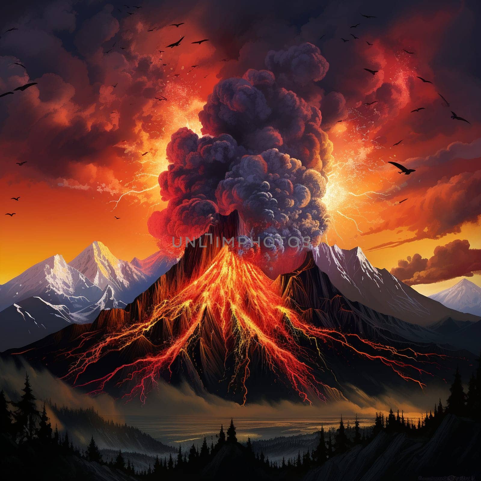Experience the raw power and intensity of a volcanic eruption in this vibrant and captivating digital illustration. Titled 'Volcanic Tremor,' this artwork showcases a breathtaking scene that will surely captivate viewers. Marvel at the swirling plumes of volcanic ash, the mesmerizing sight of molten lava cascading down the slopes, and the fiery explosions that light up the sky. This image perfectly captures the destructive force and awe-inspiring beauty of nature's fiery display. The contrast between the dark, rugged landscape and the fiery eruption adds another layer of visual impact.