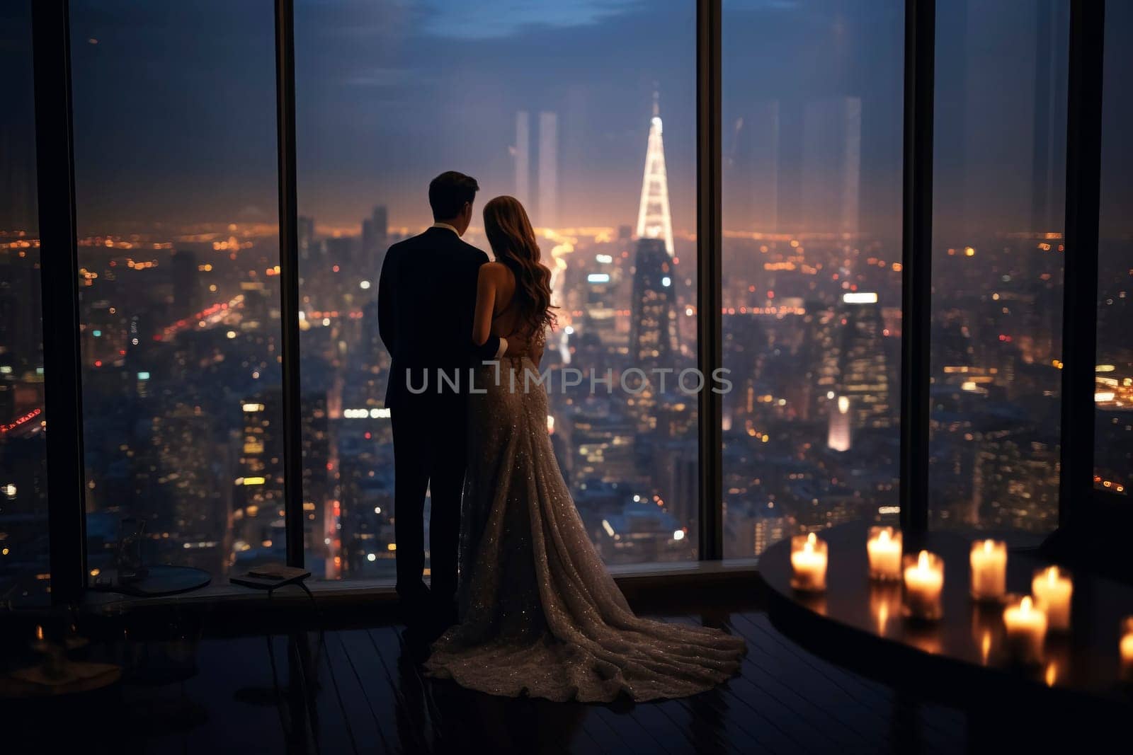 A romantic couple stands at the panoramic window of a skyscraper overlooking the nighttime cityscape. Valentine's Day