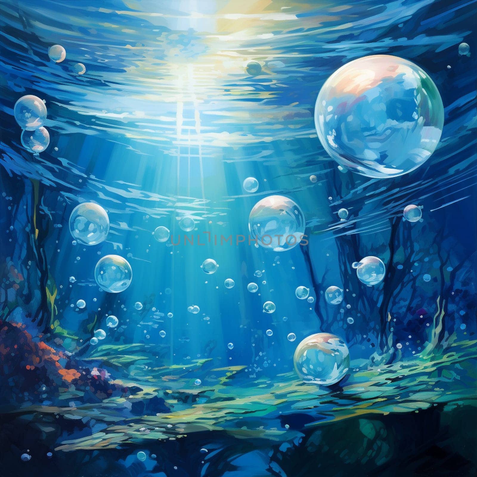 Immerse yourself in the enchanting beauty of this underwater scene, featuring multiple transparent spheres gracefully floating in a vast expanse of shimmering blue water. The spheres reflect the vibrant colors of the surrounding environment, creating a mesmerizing and ethereal visual effect. The deep blue water is adorned with subtle ripples that catch and reflect the gentle sunlight, infusing the scene with a sense of tranquility and mystery. Journey into your imagination and explore the captivating allure of the aquatic world with this breathtaking image.