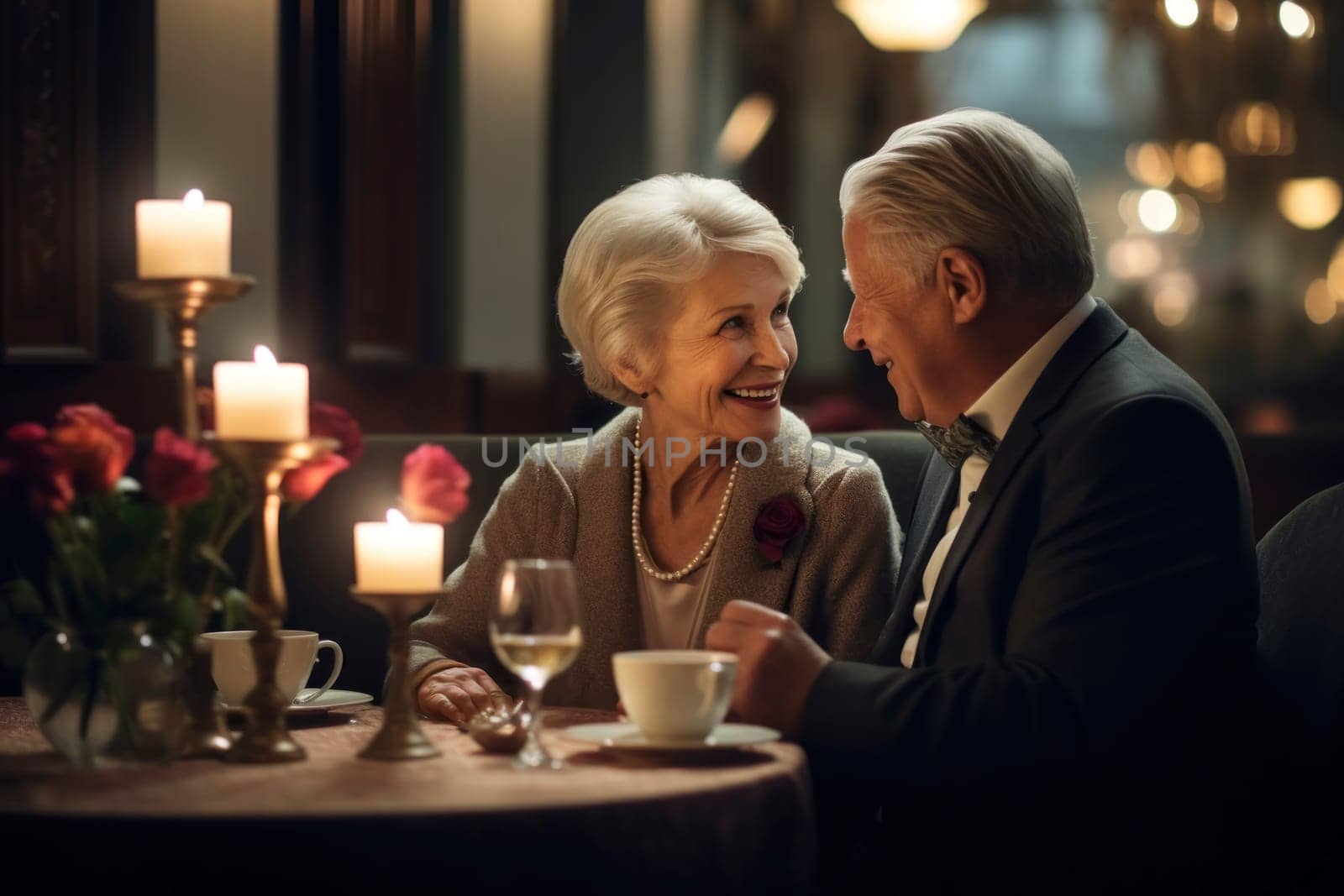 Happy elderly couple spending time together in romantic restaurant by andreyz