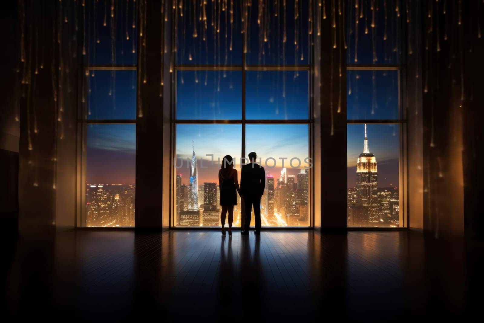 A romantic couple stands at the panoramic window of a skyscraper overlooking the nighttime cityscape. Valentine's Day