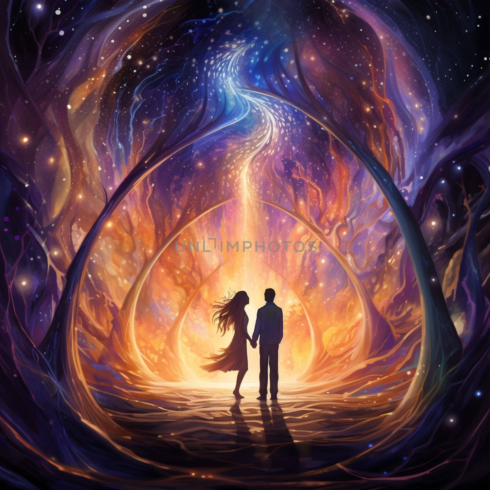Immerse yourself in a world of love and cosmic wonder with this vibrant and surreal image. Witness a couple standing under a glowing cosmic archway, surrounded by intertwining celestial elements as they exchange heartfelt vows. The fantasy-inspired art style adds an ethereal beauty to the scene, captivating viewers and evoking emotions of love, wonder, and cosmic connection.