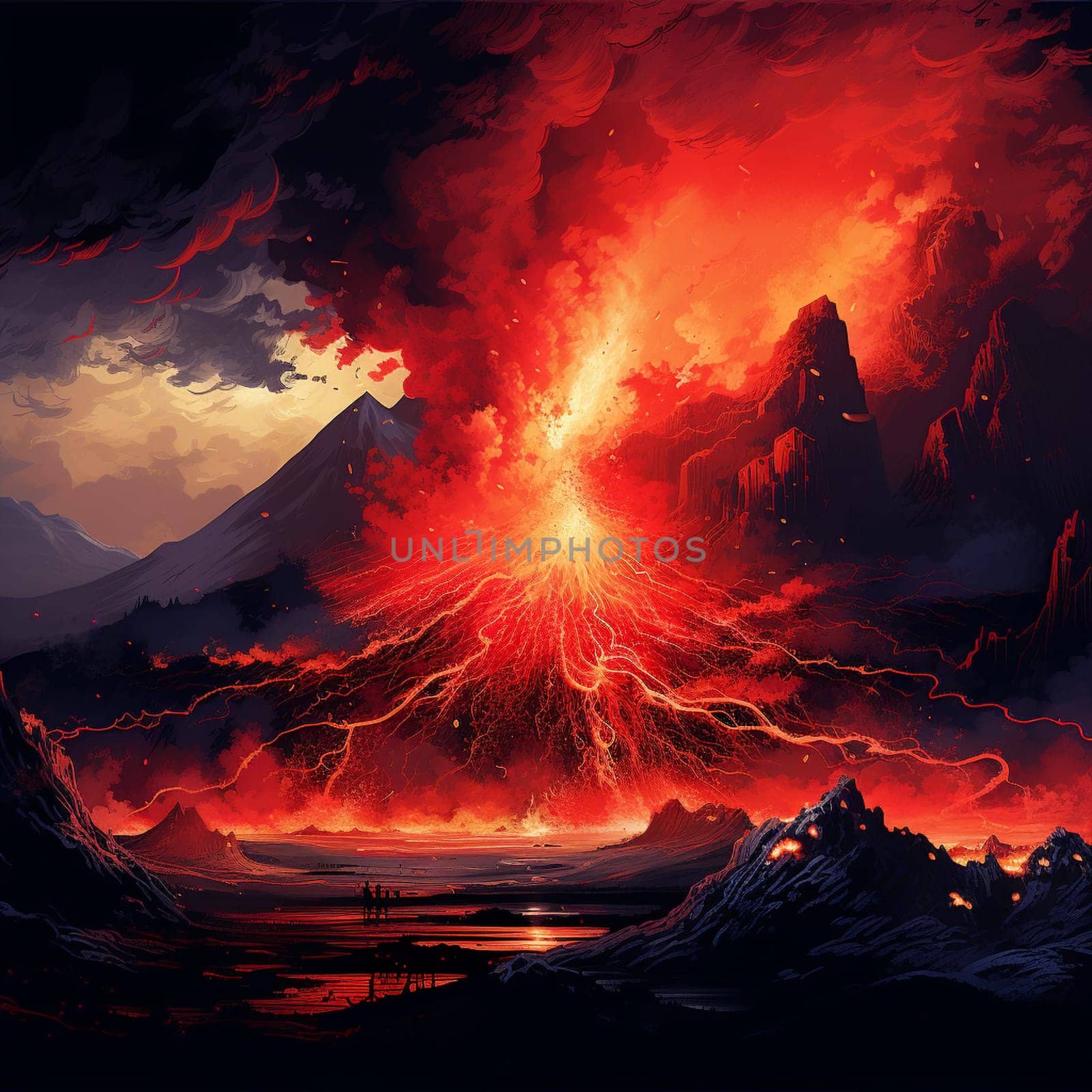 Experience the captivating beauty of nature's fiery symphony in this vibrant and dynamic illustration. A volcanic eruption takes center stage, mesmerizing the viewer with its intense hues and billowing clouds of ash. Molten lava cascades down the mountainside, creating a mesmerizing dance of destruction and creation. The raw power and breathtaking beauty of this scene will leave you in awe.