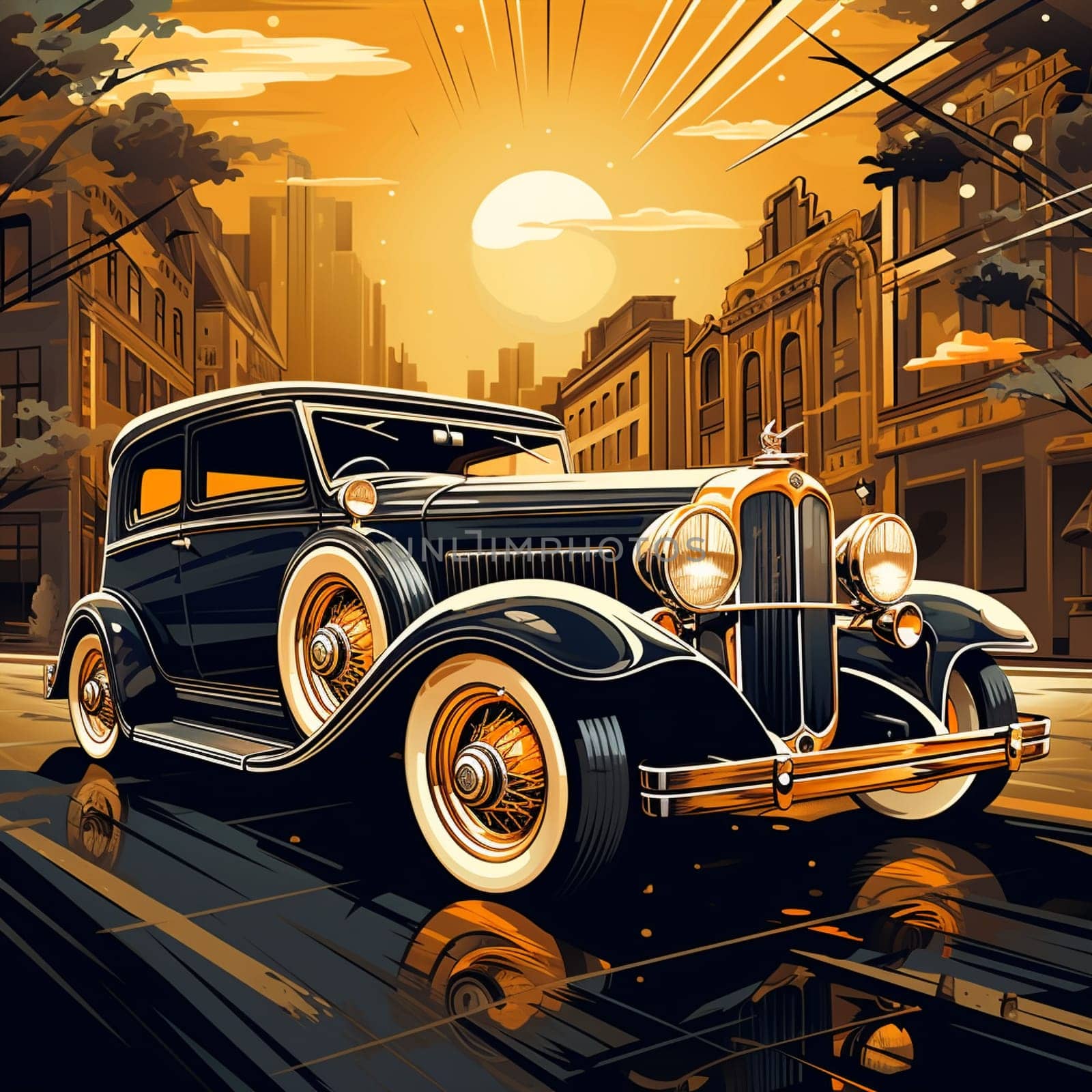 Get ready to step back in time with this stunning vintage car illustration in an art deco style. This visually striking artwork showcases a sleek, classic automobile gliding through a vibrant cityscape at dusk, capturing the essence of nostalgia and luxury. The car's chrome accents gleam under the warm glow of streetlights, while its elegant curves and iconic design elements evoke an era of sophistication and style. Whether you're a collector, a car enthusiast, or simply longing for a touch of the glamorous past, this artwork is sure to captivate you.