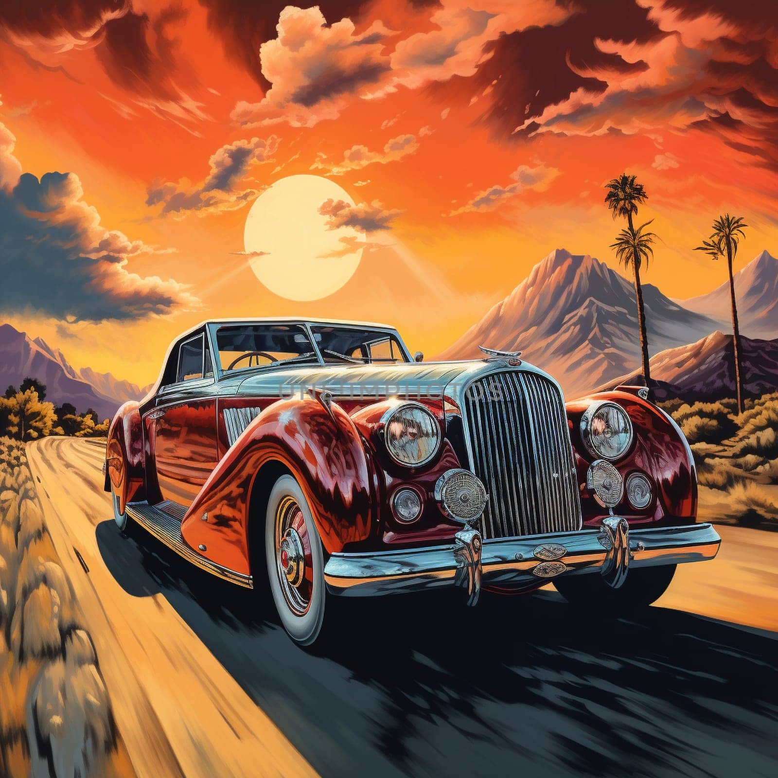 Step back in time with this stunning vintage car captured in a vibrant, retro art style. The artwork beautifully showcases the timeless beauty and allure of this iconic vehicle, creating a symphony of steel that resonates with automotive enthusiasts and art lovers alike.