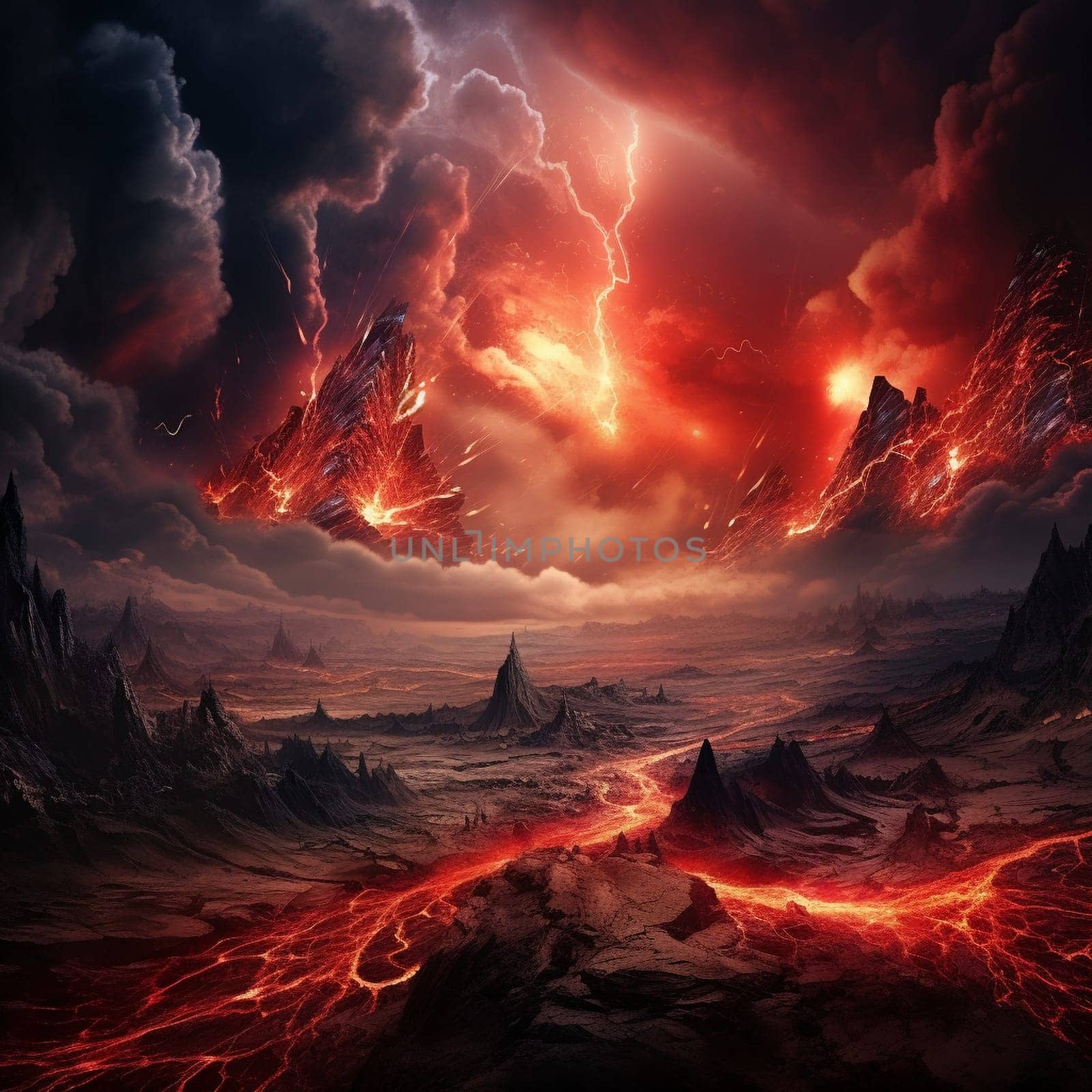 Surreal volcanic vortex engulfing serene landscape by Sahin