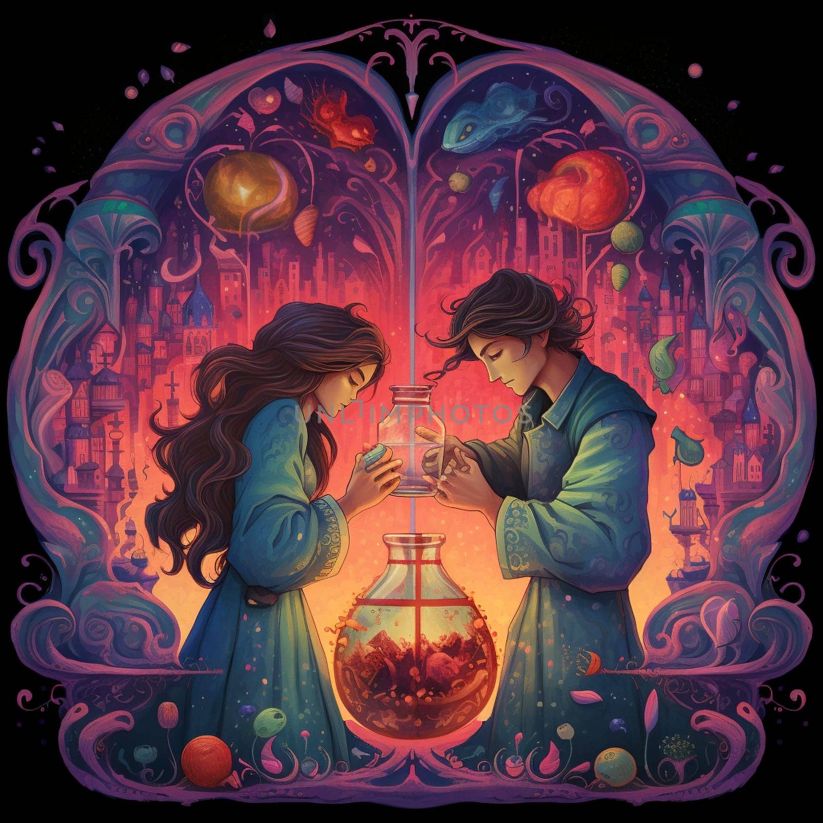 Step into a vibrant, whimsical world with this illustration depicting the concept of 'Harmony's Elixir: Vows Blended in a Potion of Eternal Love'. In this fantastical scene, a couple stands beside a bubbling cauldron, each holding a vial filled with colorful liquids symbolizing their individual vows. As they pour their respective potions into the cauldron, the elixir transforms into a vibrant and harmonious blend, radiating with love and enchantment. The image captures the joy and anticipation reflected on their faces as they witness the transformative power of their vows mixed together, symbolizing their everlasting bond. Let this artwork captivate you with its enchanting portrayal of the magic and promise of uniting souls through marriage.