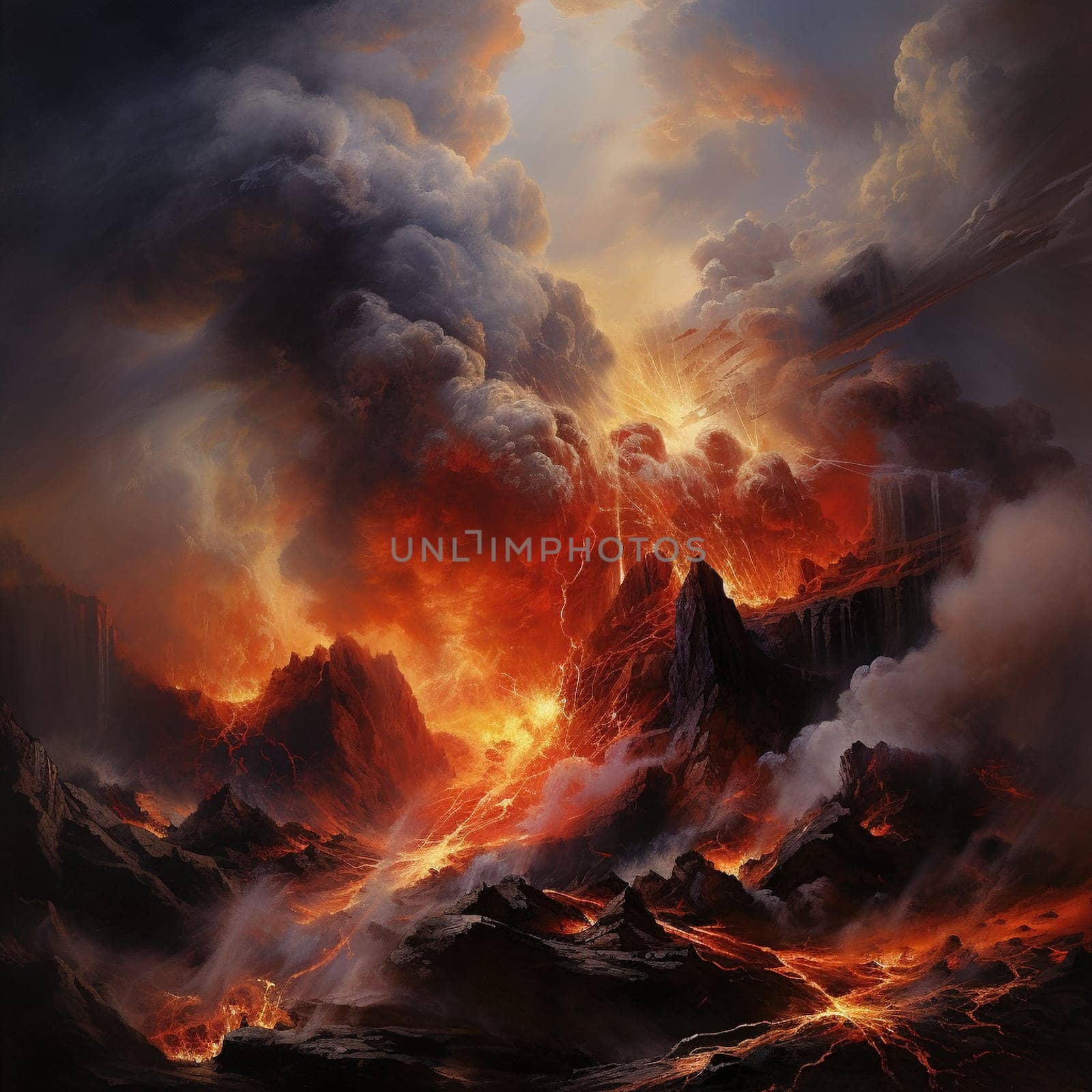 Witness the destructive power and mesmerizing beauty of a volcanic eruption in this semi-realistic image reminiscent of traditional oil paintings. As dusk sets in, a massive volcanic mountain dominates the scene, shrouded in billowing smoke and ash. Molten lava surges from the crater, cascading down the slopes and converging into a nearby body of water, creating a fiery spectacle of swirling red and orange hues. The surrounding landscape is bathed in an ethereal light as the eruption engulfs the horizon. In the foreground, a group of onlookers stands at a safe distance, captivated by the terrifying and awe-inspiring forces of nature.