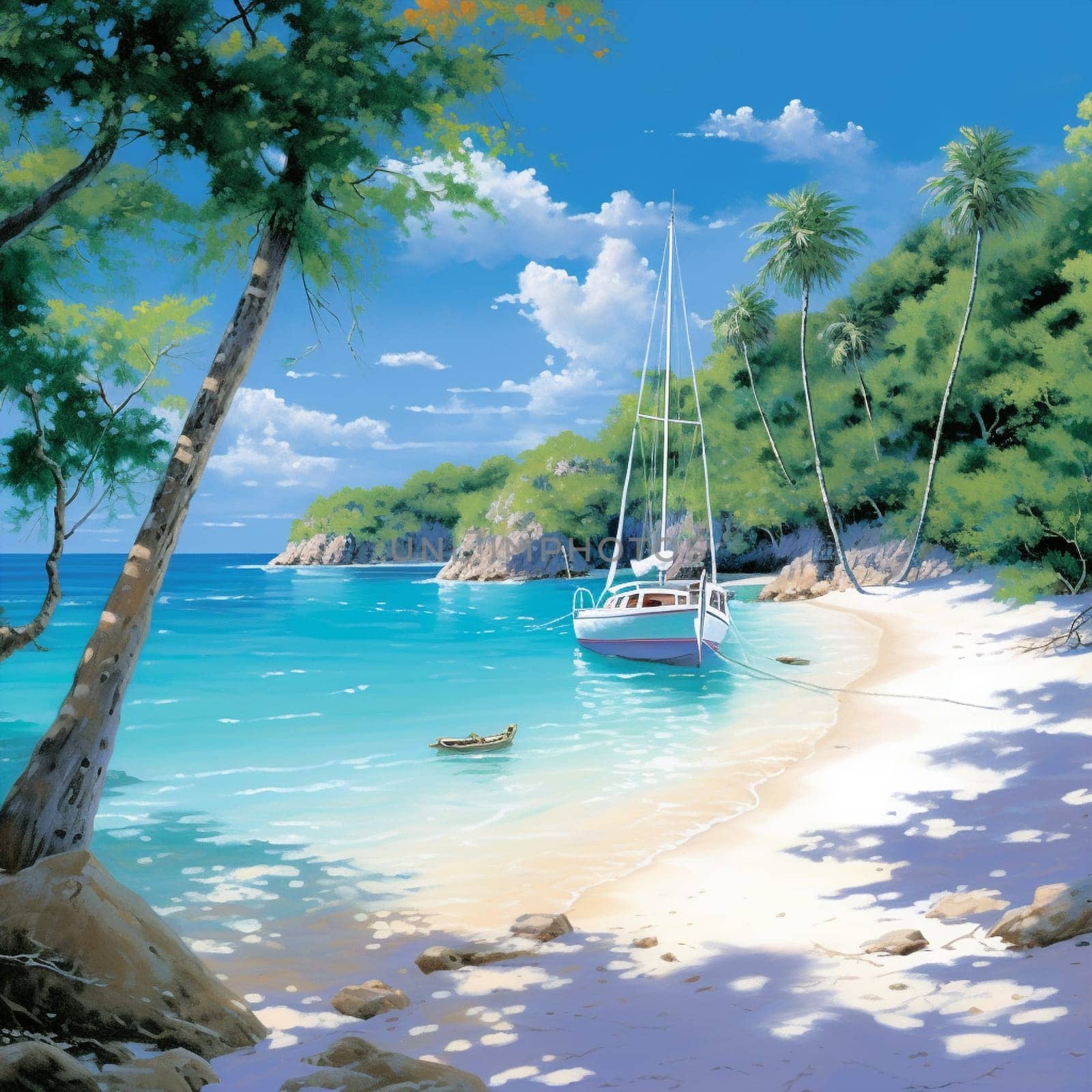 Get ready to embark on an adventure with this breathtaking artwork in a realistic art style. The image depicts a vast expanse of crystal-clear turquoise waters gently caressing a pristine, white sandy beach. In the distance, a rugged, towering cliff emerges from the ocean, adorned with lush, vibrant greenery. A lone sailboat elegantly glides across the waves, capturing the essence of adventure and discovery. The sky is a mesmerizing blend of warm oranges and pinks, illuminated by the last rays of a breathtaking sunset. This captivating image is sure to evoke wonder, wanderlust, and inspire dreams of embarking on an epic maritime journey.