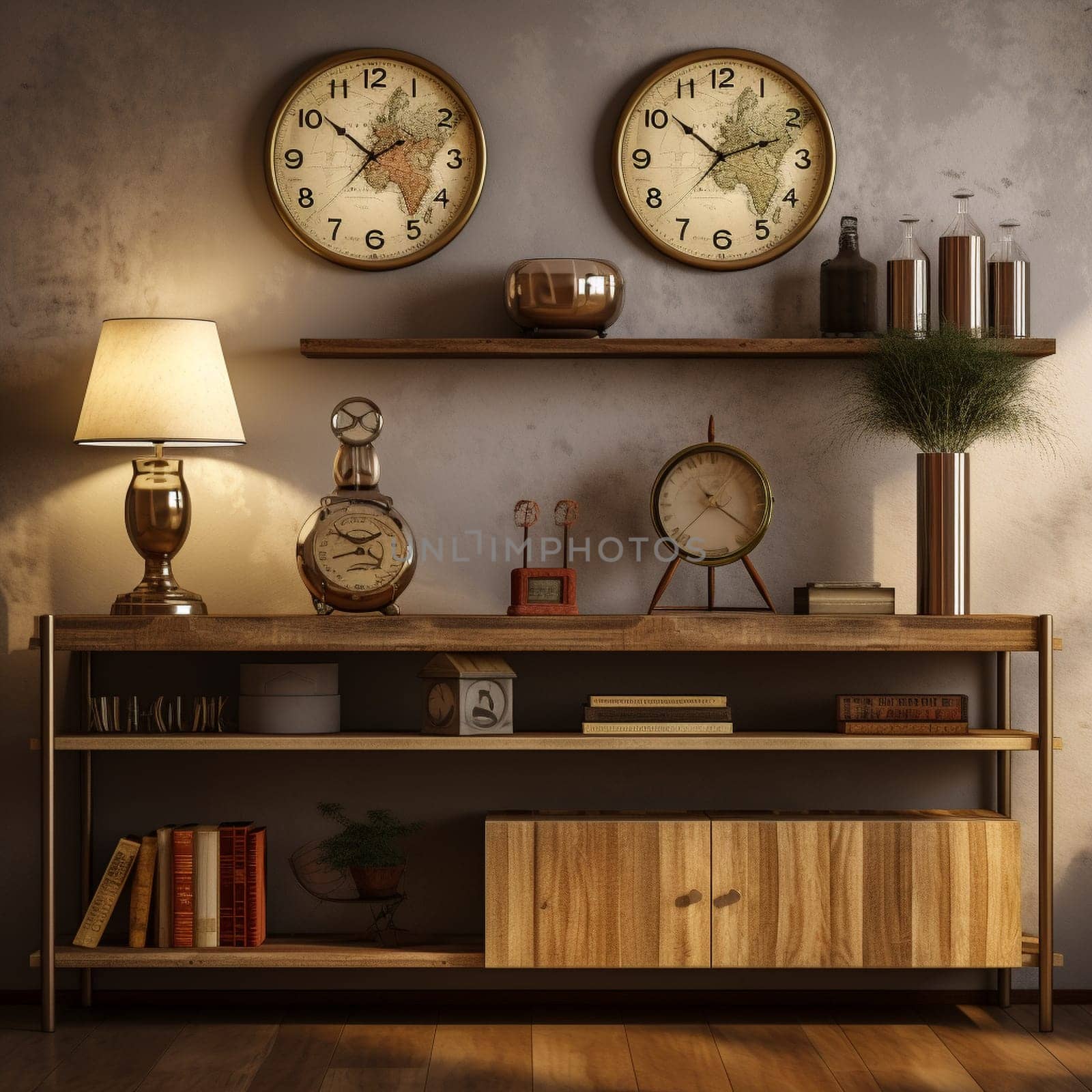 Step into the past with this realistic art style image featuring a collection of vintage clocks arranged on a wooden shelf. The backdrop is a cozy vintage-themed interior that evokes a sense of nostalgia and warmth. Each clock in the collection showcases unique designs, with intricate details and retro aesthetics. The clocks vary in size, shape, and style, ranging from ornate classical designs to sleek mid-century modern styles. The lighting in the scene emphasizes warm tones, enhancing the nostalgic ambiance. A soft focus effect adds to the sentimental atmosphere of the image.