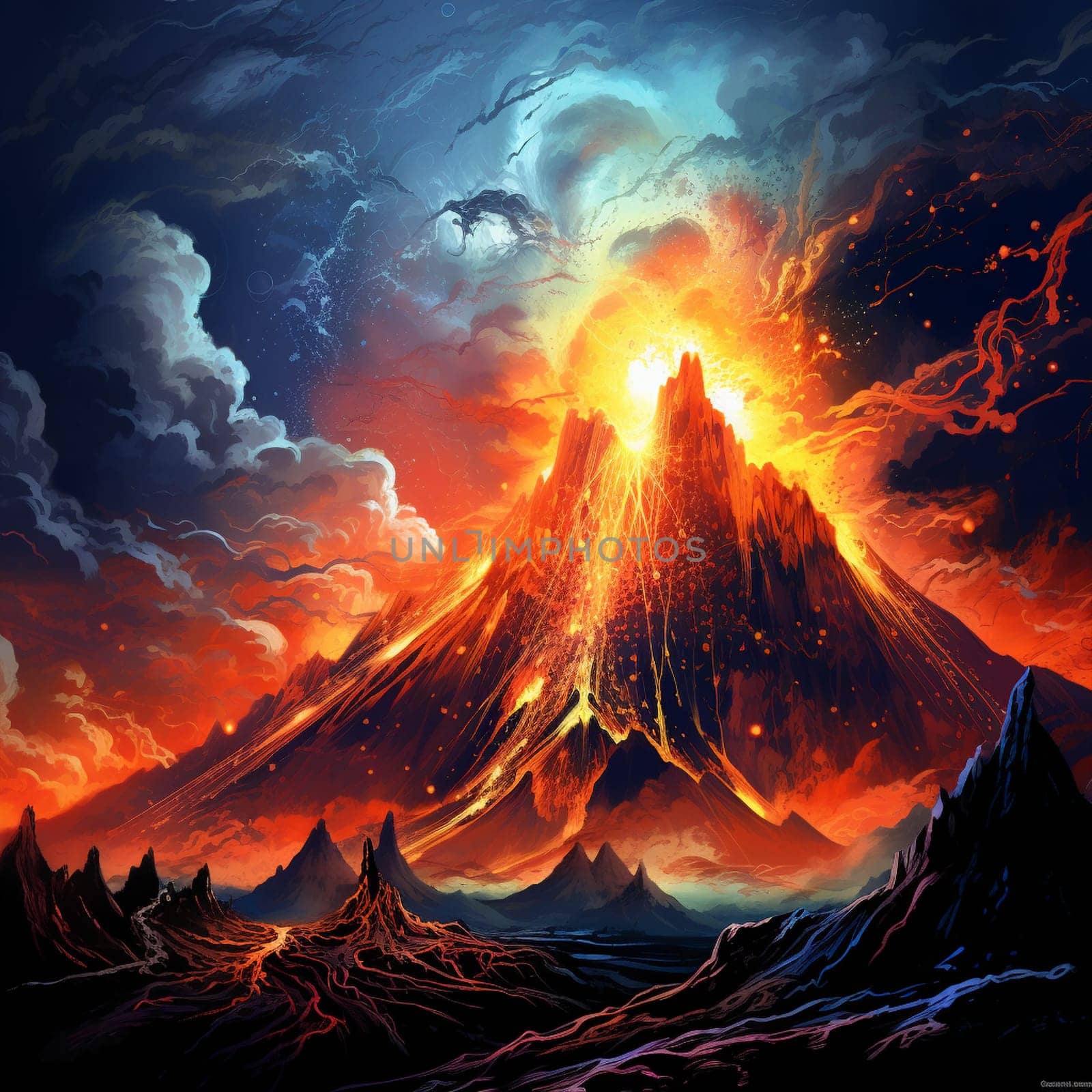 Experience the raw power and intensity of a volcanic eruption in this vibrant and captivating digital illustration. Titled 'Volcanic Tremor,' this artwork showcases a breathtaking scene that will surely captivate viewers. Marvel at the swirling plumes of volcanic ash, the mesmerizing sight of molten lava cascading down the slopes, and the fiery explosions that light up the sky. This image perfectly captures the destructive force and awe-inspiring beauty of nature's fiery display. The contrast between the dark, rugged landscape and the fiery eruption adds another layer of visual impact.