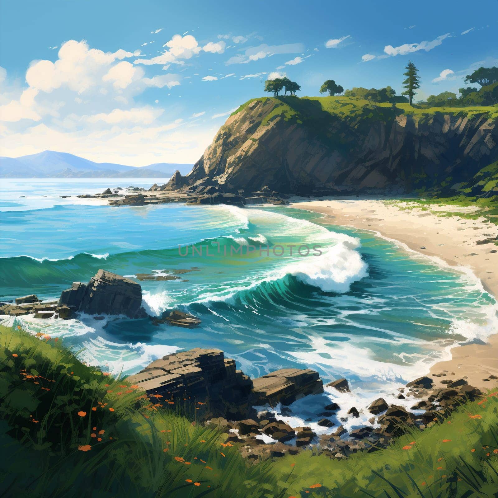 Experience the serene beauty of a peaceful coastline merging harmoniously with the ocean in this vibrant yet realistic artwork. The artwork captures the essence of tranquility as the waves gently caress the shore, creating a sense of peace and harmony between land and sea.