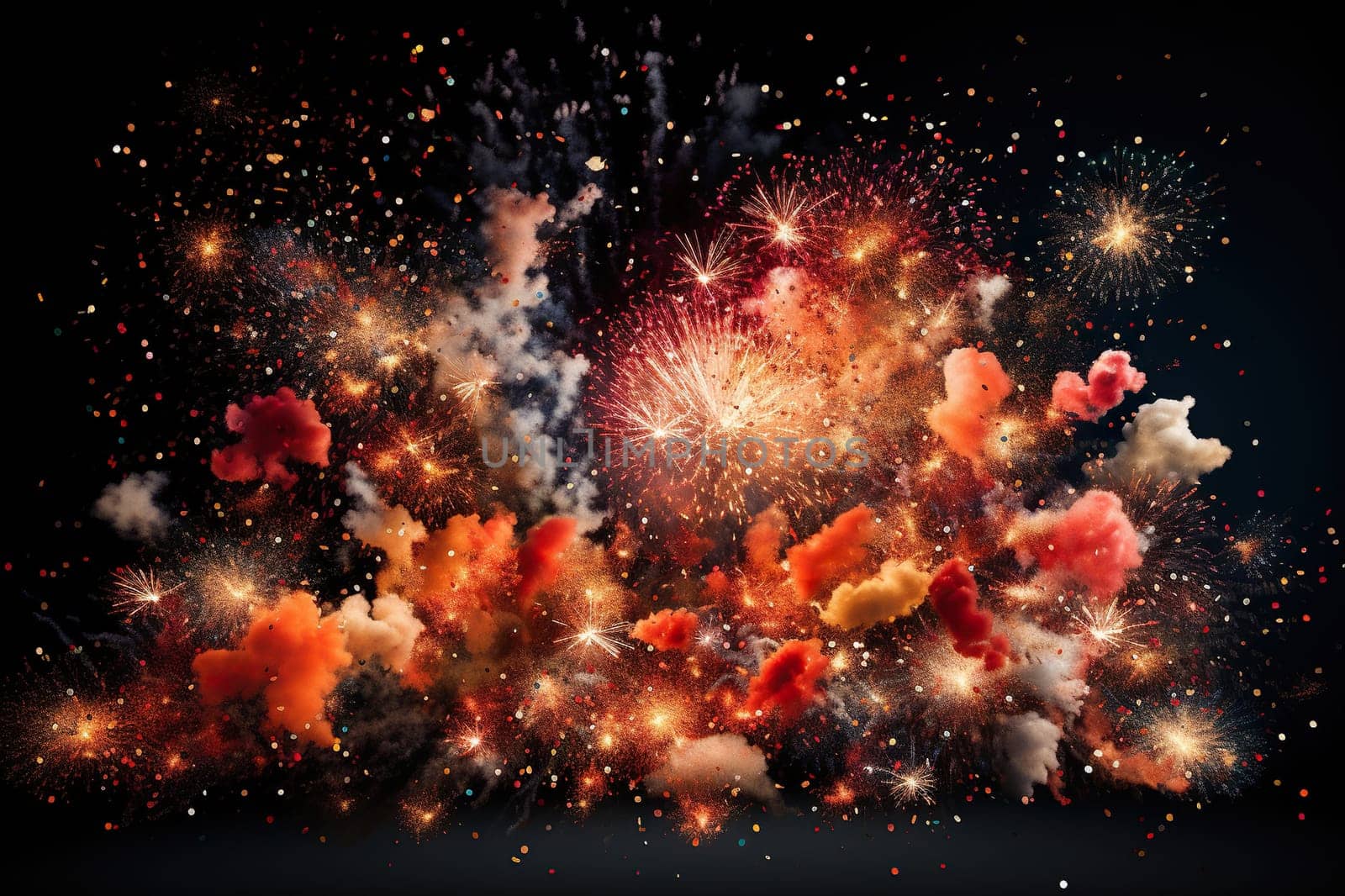 Bright colorful fireworks with clouds of smoke in the night sky. Generated by artificial intelligence by Vovmar