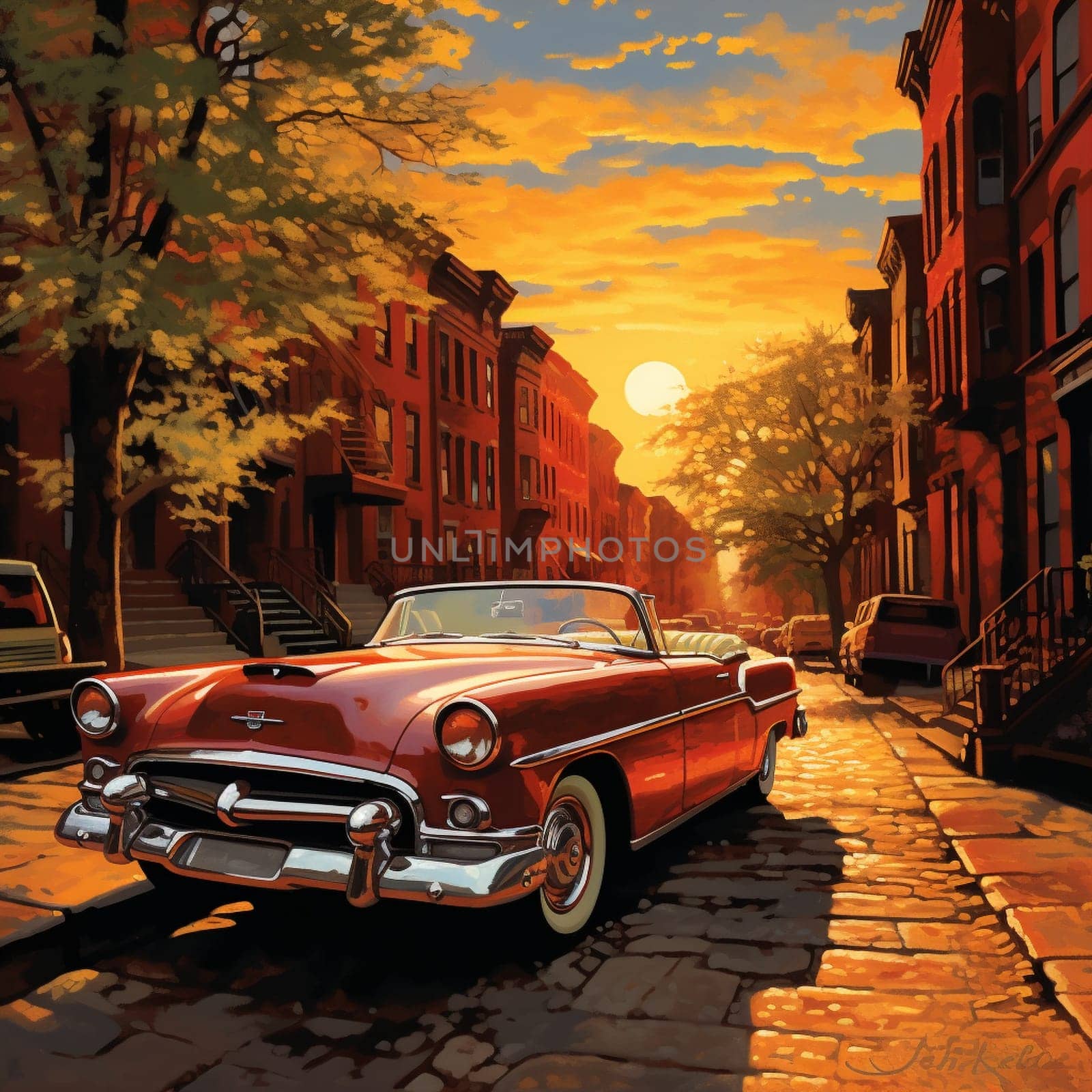 Step back in time and soak in the warm glow of the setting sun on this beautiful vintage convertible car. Parked on a quaint cobblestone street lined with historic buildings, this scene creates a picturesque view. The sleek and polished exterior of the car captures the attention, while the vibrant watercolor style adds a timeless and romantic feeling to the overall image.