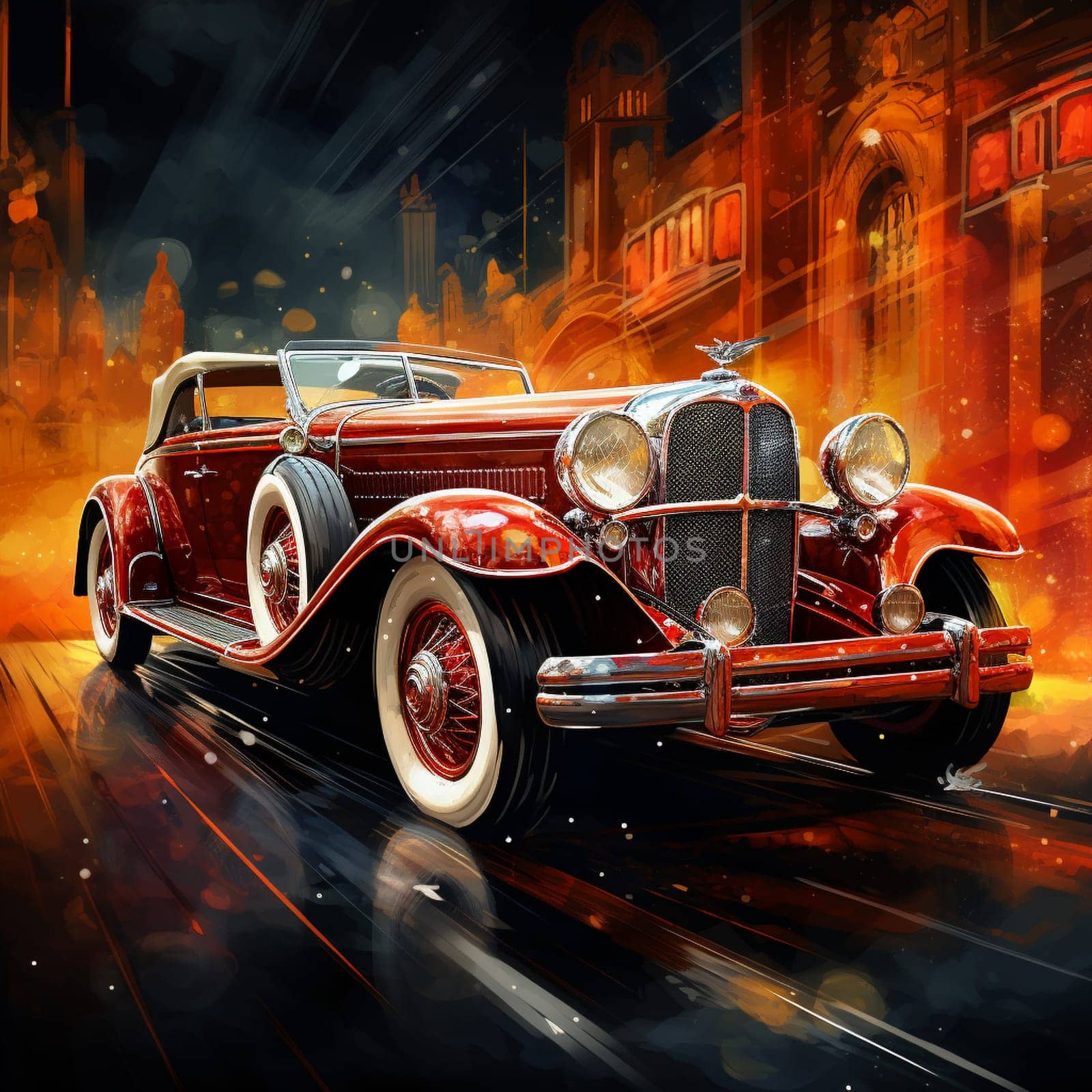 Step back in time with this stunning vintage car captured in a vibrant, retro art style. The artwork beautifully showcases the timeless beauty and allure of this iconic vehicle, creating a symphony of steel that resonates with automotive enthusiasts and art lovers alike.