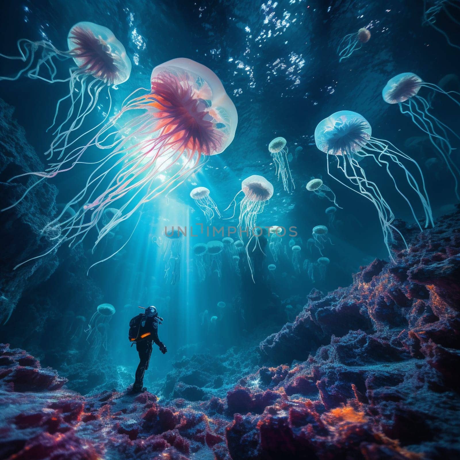 Experience the magic of the deep sea with this captivating image of a brave scuba diver exploring an otherworldly underwater landscape. Surrounding the diver are vibrant and exotic marine life, including luminescent jellyfish, colorful coral reefs, and majestic sea creatures that defy imagination. The ethereal realm beneath the ocean's surface comes to life as the light dances and shimmers through the water, creating an enchanting and surreal ambiance. Immerse yourself in this image and let your imagination run wild in this magical underwater world.