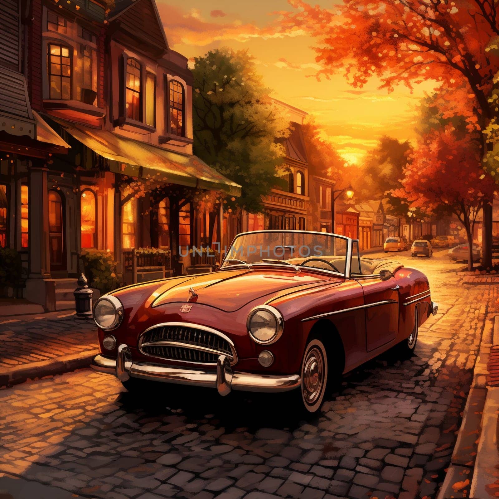 Step back in time and soak in the warm glow of the setting sun on this beautiful vintage convertible car. Parked on a quaint cobblestone street lined with historic buildings, this scene creates a picturesque view. The sleek and polished exterior of the car captures the attention, while the vibrant watercolor style adds a timeless and romantic feeling to the overall image.