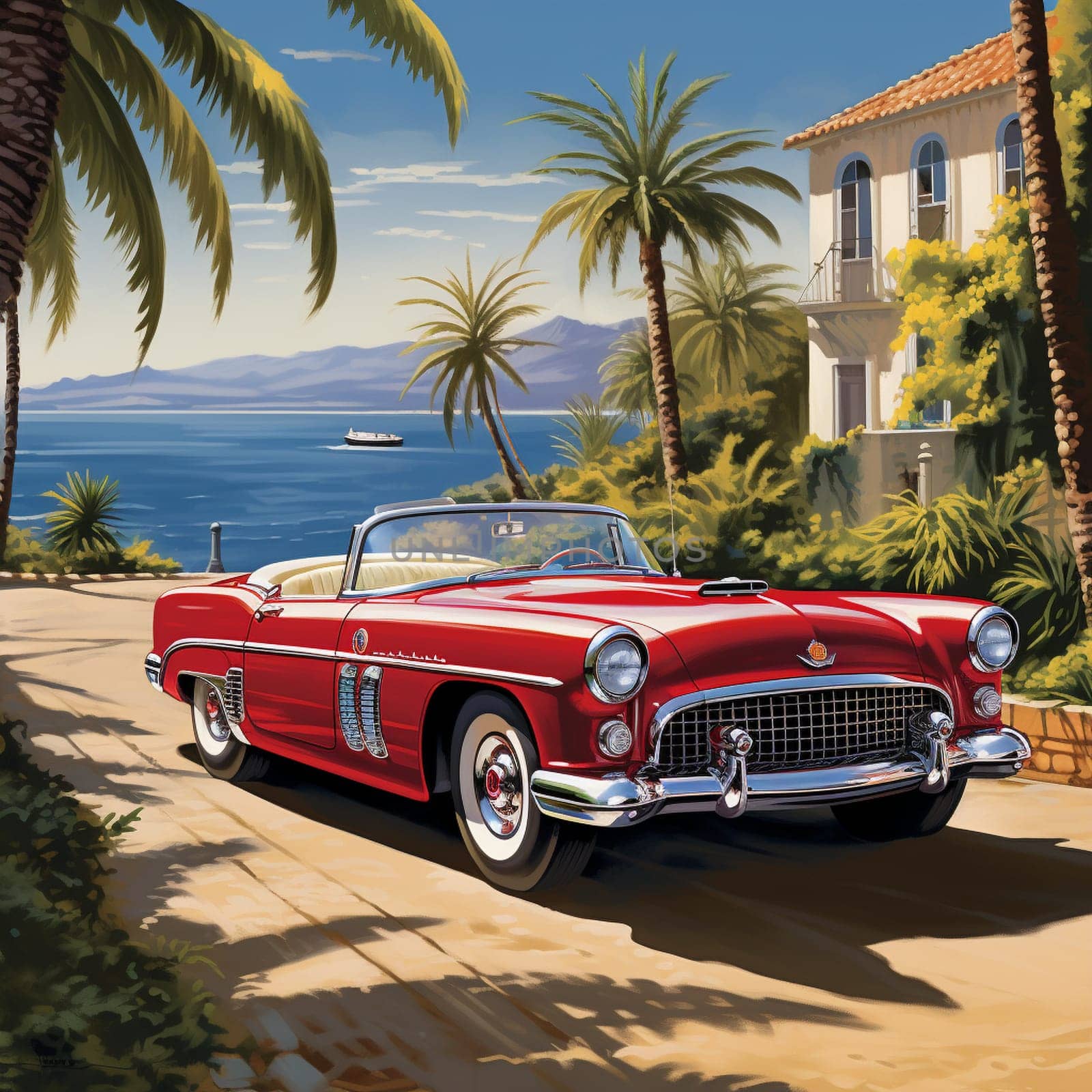 Immerse yourself in the timeless elegance of a grand vintage car straight out of the 1950s. Picture this classic automobile gliding along a sun-drenched coastal road, amidst vibrant palm trees and a serene ocean view. The car's polished chrome accents glisten under the warm sunlight, while its glossy candy apple red exterior embodies the epitome of luxury. The driver, adorned in dapper attire, proudly navigates the winding road with a confident smile. Let this retro-inspired art style beautifully accentuate the nostalgic charm of these vintage cars and transport you to an era of vintage car luxury.