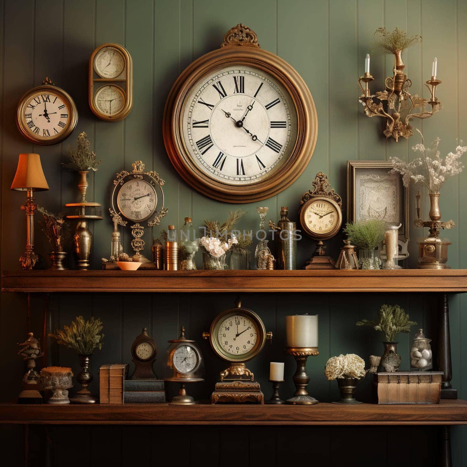Step into the past with this realistic art style image featuring a collection of vintage clocks arranged on a wooden shelf. The backdrop is a cozy vintage-themed interior that evokes a sense of nostalgia and warmth. Each clock in the collection showcases unique designs, with intricate details and retro aesthetics. The clocks vary in size, shape, and style, ranging from ornate classical designs to sleek mid-century modern styles. The lighting in the scene emphasizes warm tones, enhancing the nostalgic ambiance. A soft focus effect adds to the sentimental atmosphere of the image.
