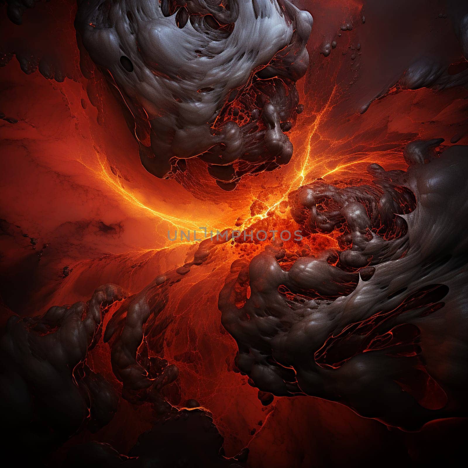 Witness the mesmerizing power of a volcanic eruption in this abstract art depiction titled 'Infernal Surge'. Vibrant tendrils of molten lava shoot up from the volcanic crater, illuminating the night sky with fiery hues. The eruption showcases a mix of awe-inspiring beauty and raw, destructive power, as rocks and ash are propelled into the atmosphere. Lava cascades down the mountainside, engulfing everything in its path, leaving a trail of destruction. This captivating image captures the intense contrast between the fiery red-hot lava and the dark, ominous background, creating a visual spectacle that demands attention. 'Infernal Surge' is perfect for microstock sites in search of dynamic and eye-catching imagery.