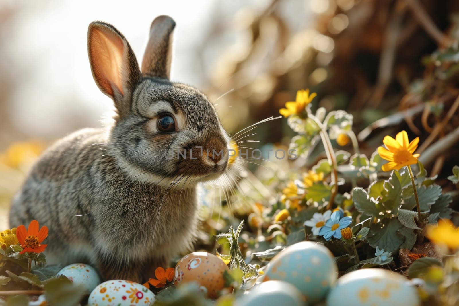 Rabbit in the Spring Forest: Easter Eggs and Bright Flowers by Yurich32
