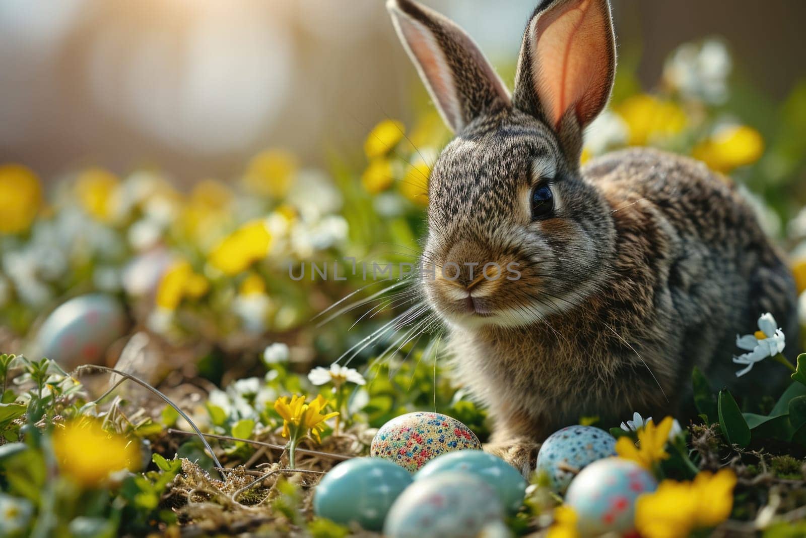 A cute rabbit on the background of a green forest, surrounded by Easter eggs and colorful flowers, creates an atmosphere of spring celebration and joy.