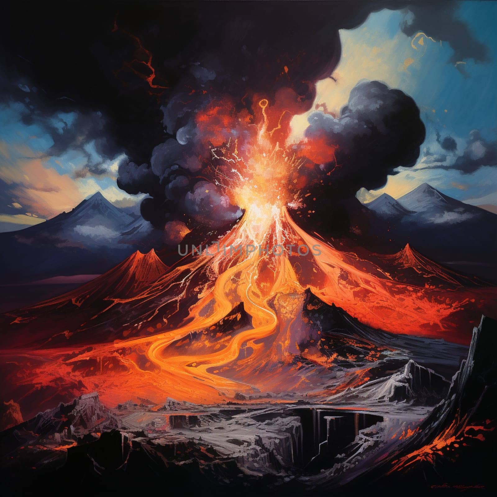 Be mesmerized by the breathtaking volcanic eruption in this vibrant and dynamic artwork. The scene captures the raw energy and destructive force of nature, with billowing smoke and ash, glowing hot lava cascading down the mountainside, and an intense fiery glow illuminating the night sky. The composition evokes a sense of awe and power, captivating viewers with its vivid depiction of the volcanic eruption.