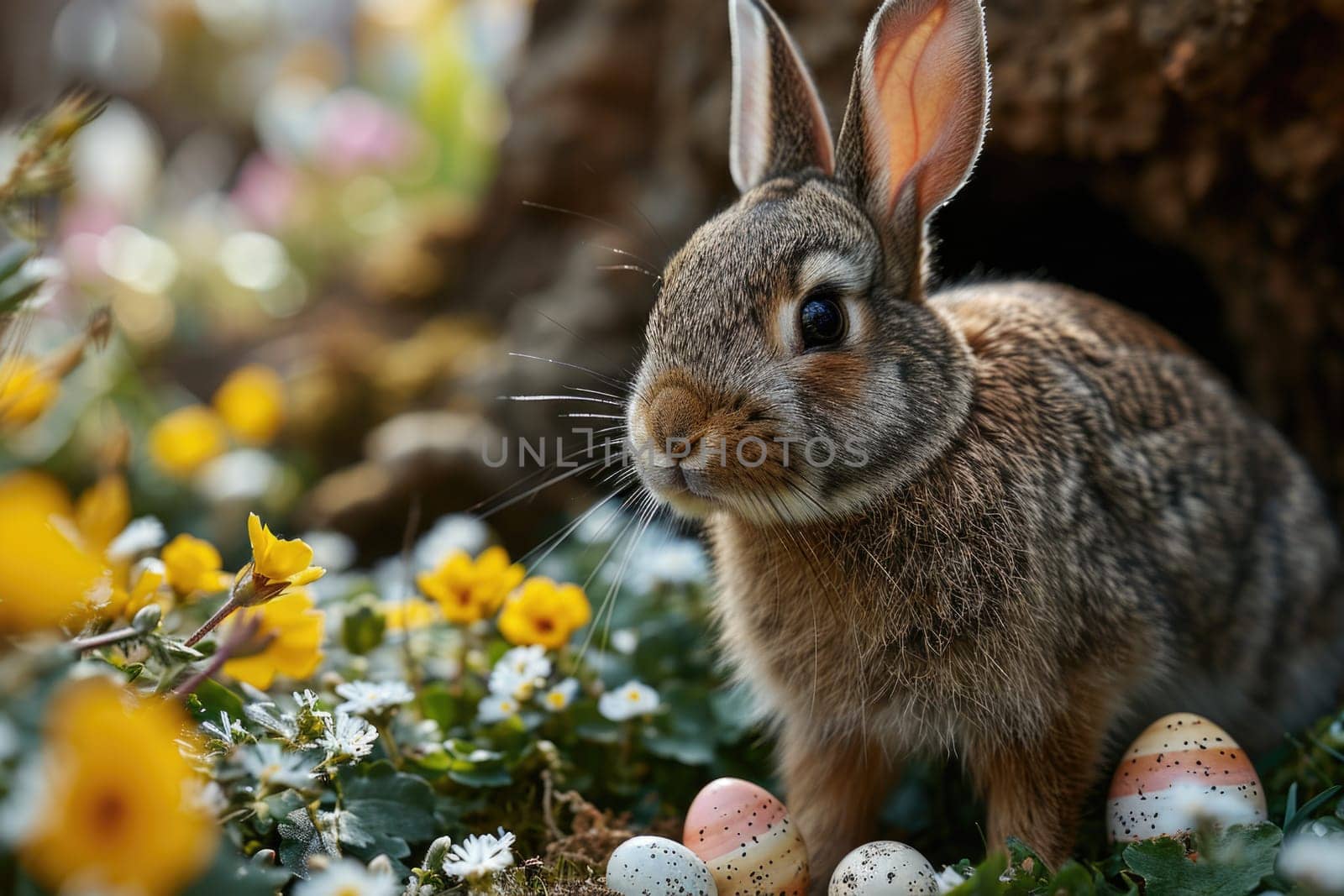 A rabbit in the middle of a spring forest, surrounded by Easter eggs and bright spring flowers, creates a warm and festive atmosphere of a spring morning.