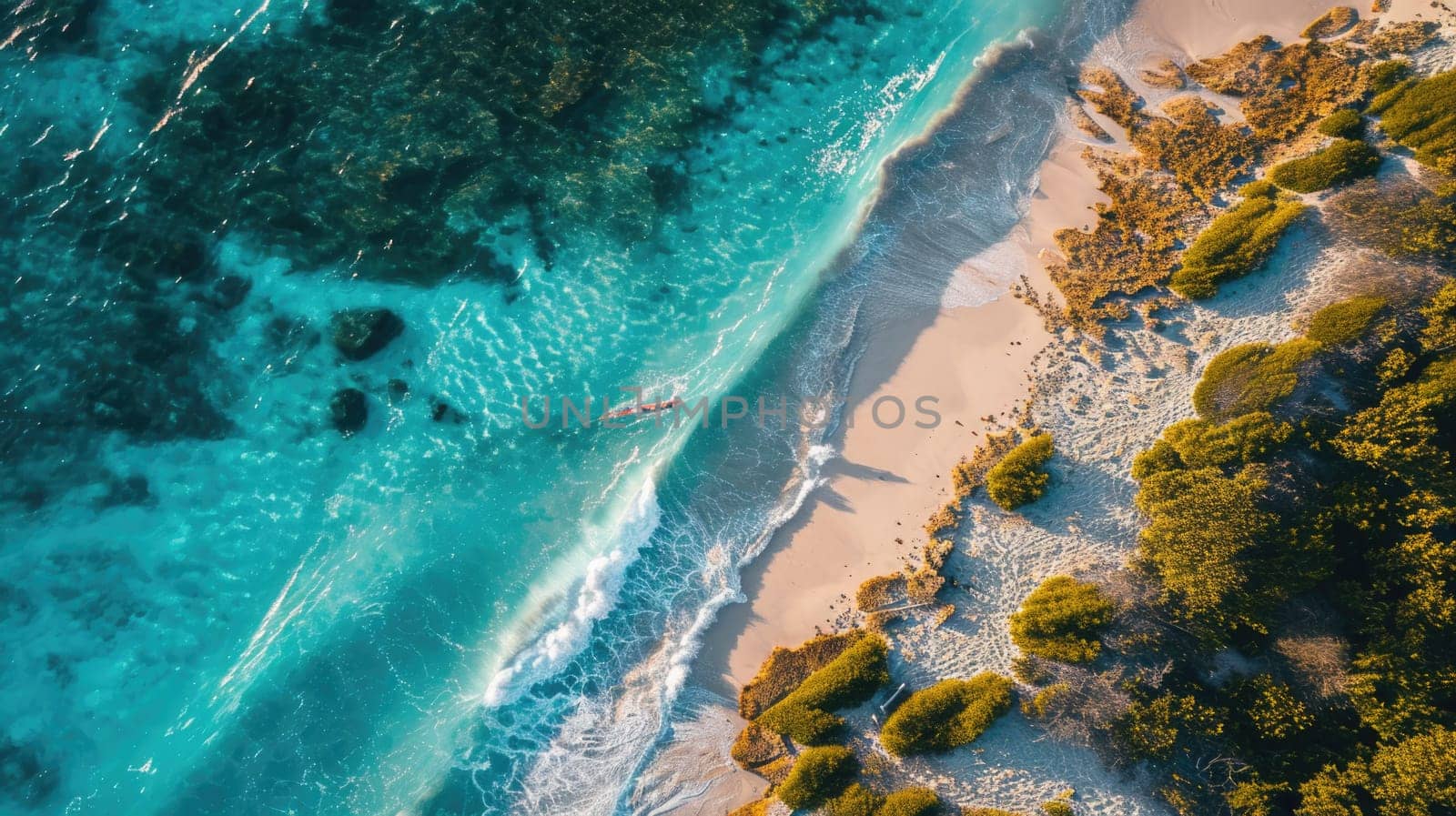 The magnificent view from above of the deep blue sea caressing the sandy shore creates a captivating picture of calm and harmony with nature, inspiring adventure.