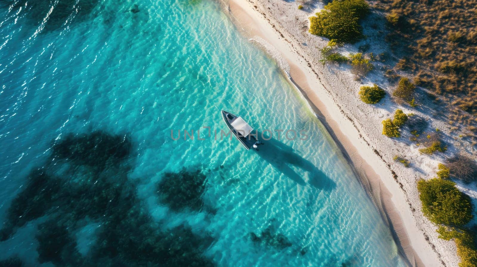 Top view of clear blue sea with boat near shore.