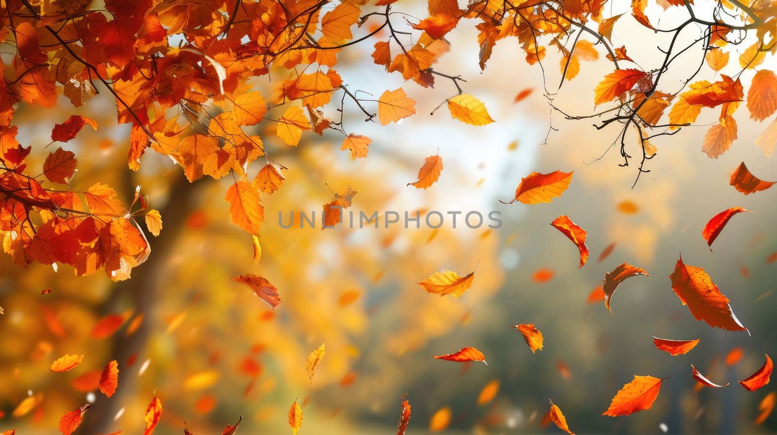 The autumn park is strewn with yellow leaves, creating a colorful palette of autumn colors.